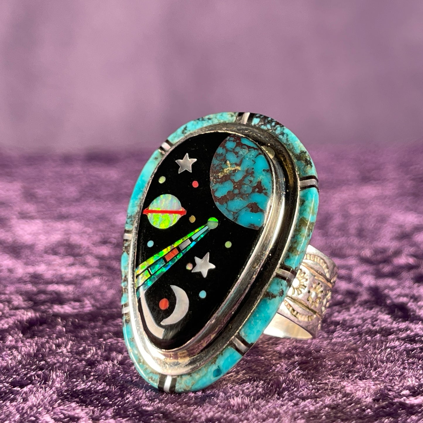 Native American Navajo Sterling Silver Galaxy Ring 925 David R Freeman Jr Jet Turquoise Opal Size X.5 / 11.75