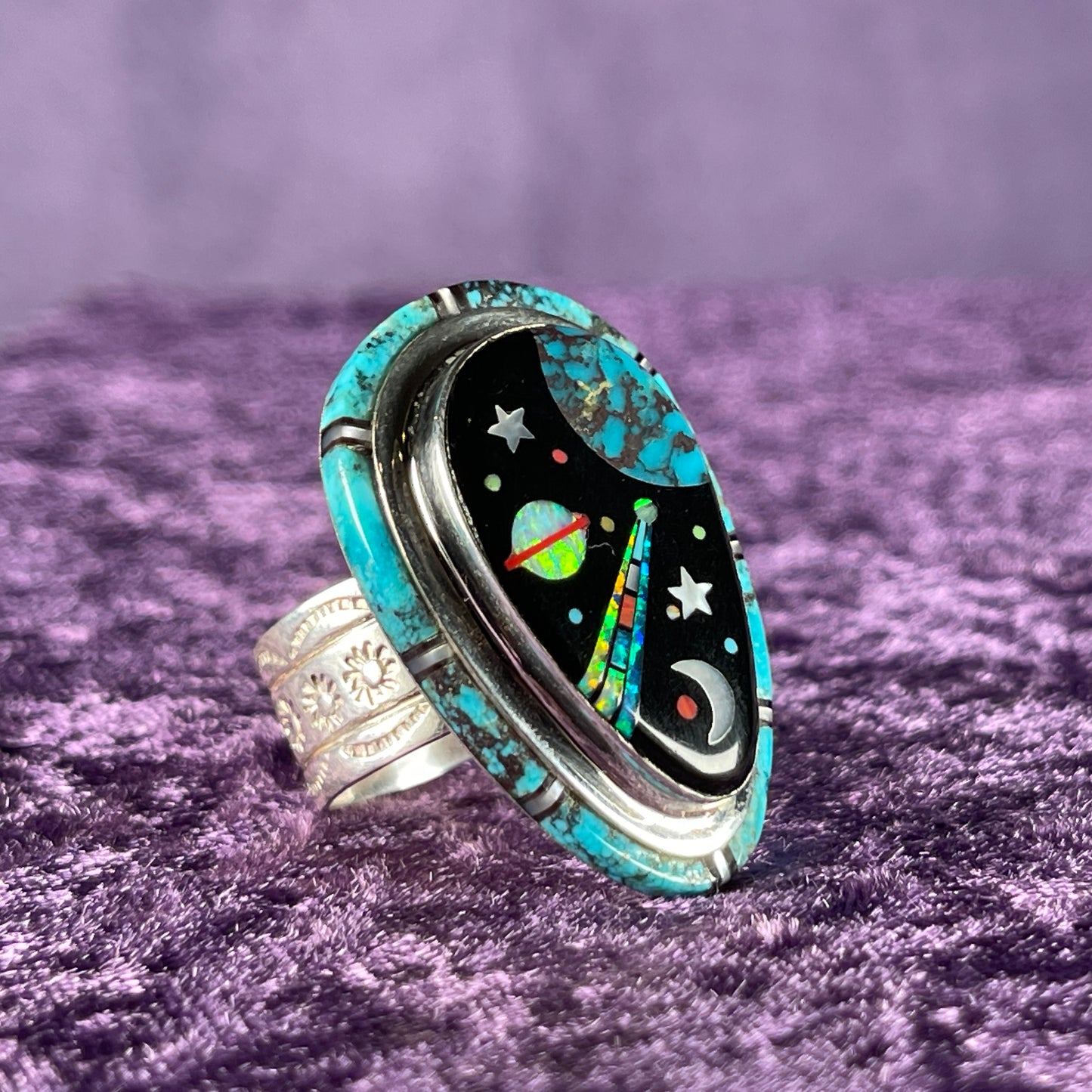 Native American Navajo Sterling Silver Galaxy Ring 925 David R Freeman Jr Jet Turquoise Opal Size X.5 / 11.75