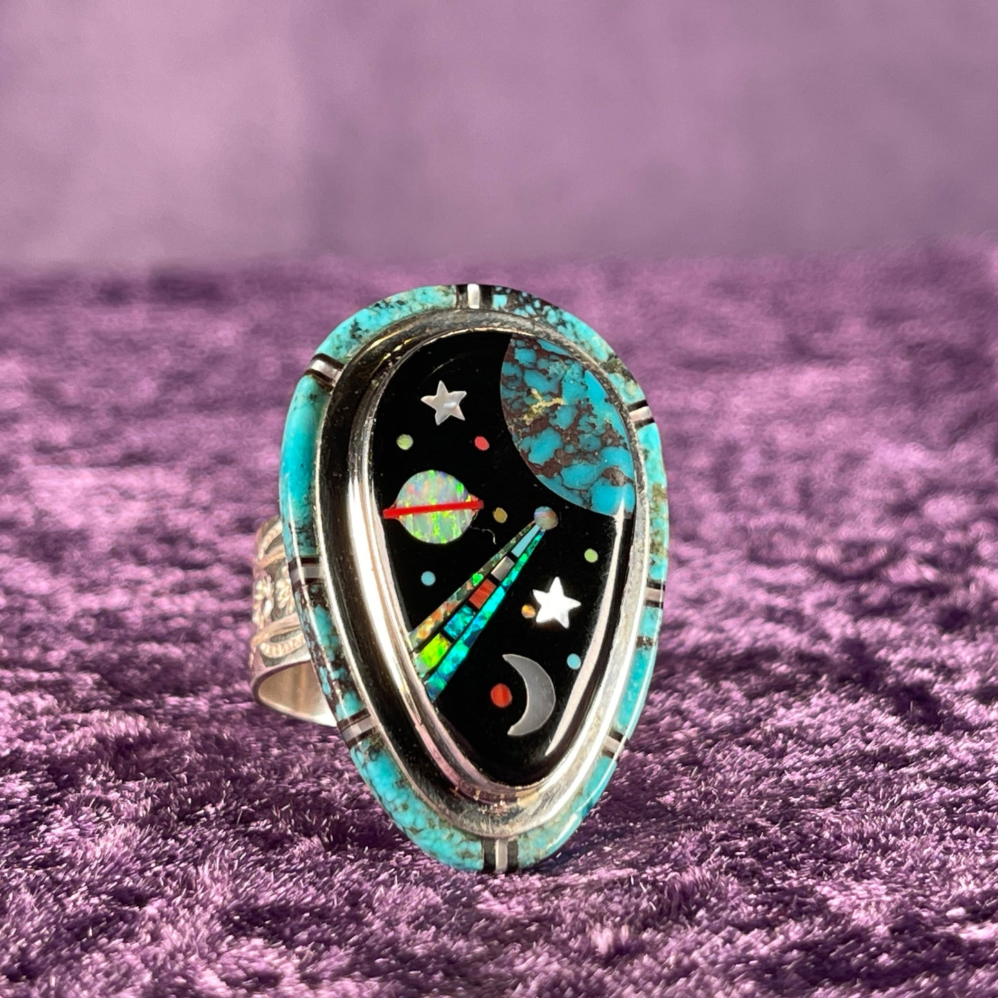Native American Navajo Sterling Silver Galaxy Ring 925 David R Freeman Jr Jet Turquoise Opal Size X.5 / 11.75