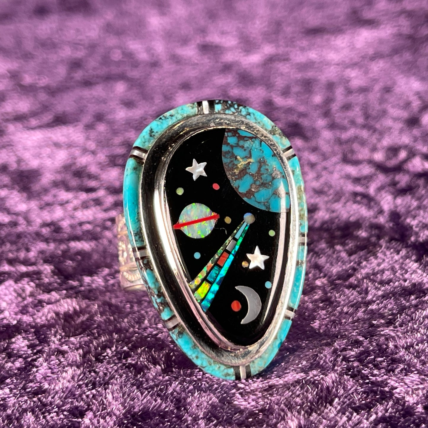 Native American Navajo Sterling Silver Galaxy Ring 925 David R Freeman Jr Jet Turquoise Opal Size X.5 / 11.75