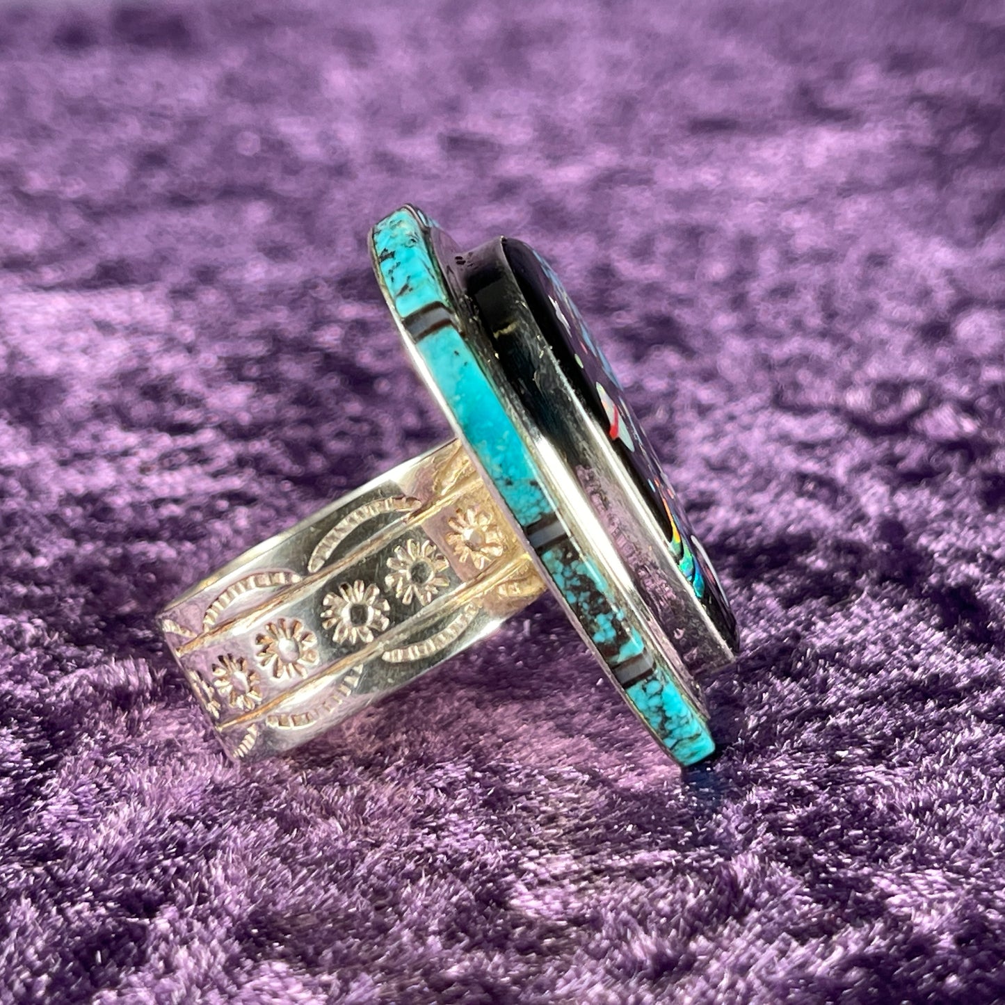Native American Navajo Sterling Silver Galaxy Ring 925 David R Freeman Jr Jet Turquoise Opal Size X.5 / 11.75