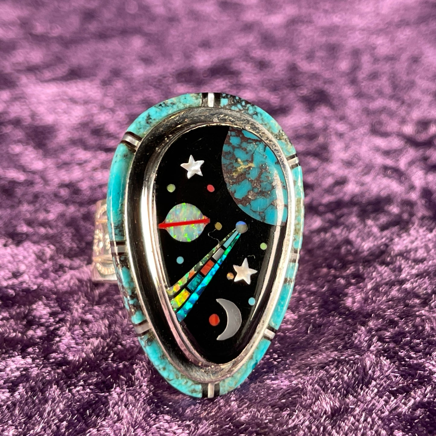 Native American Navajo Sterling Silver Galaxy Ring 925 David R Freeman Jr Jet Turquoise Opal Size X.5 / 11.75