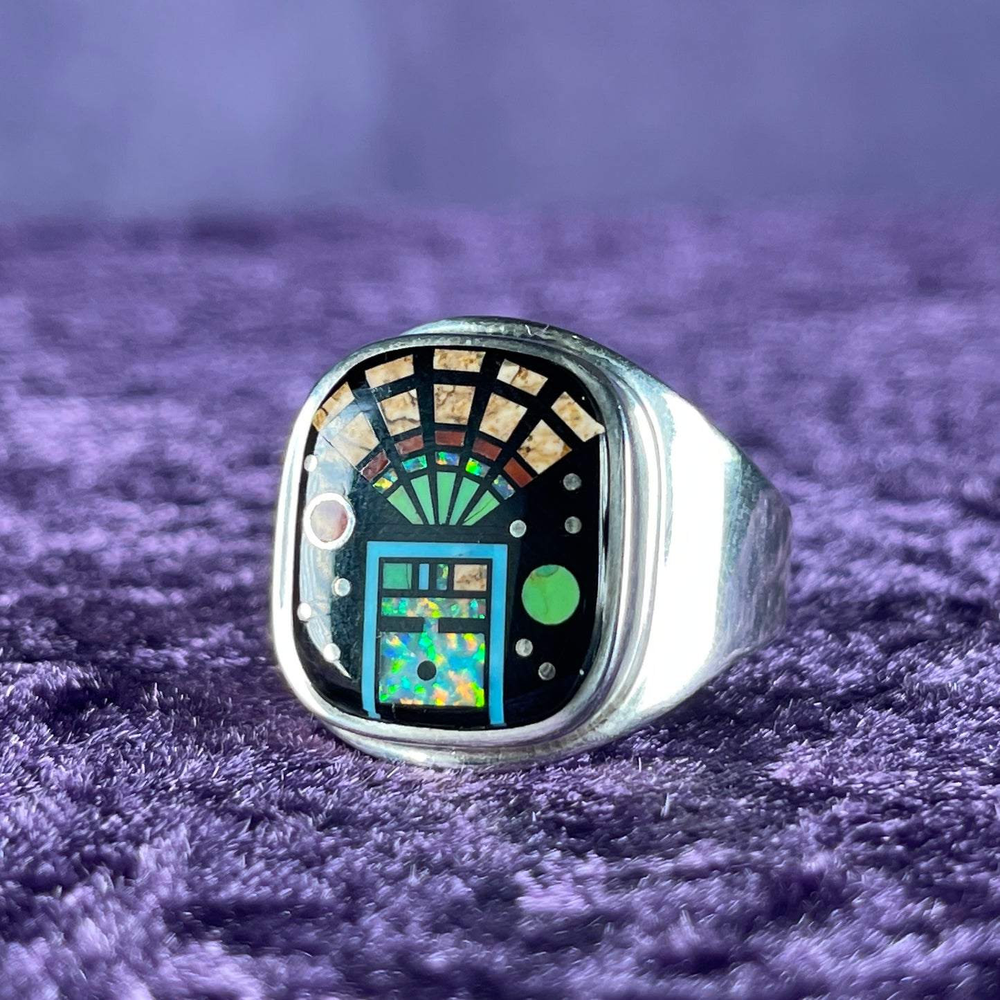 Native American Navajo Sterling Silver Ring 925 Arlene Thomas Jr Jet Opal Size Z +1.5 / 13.5