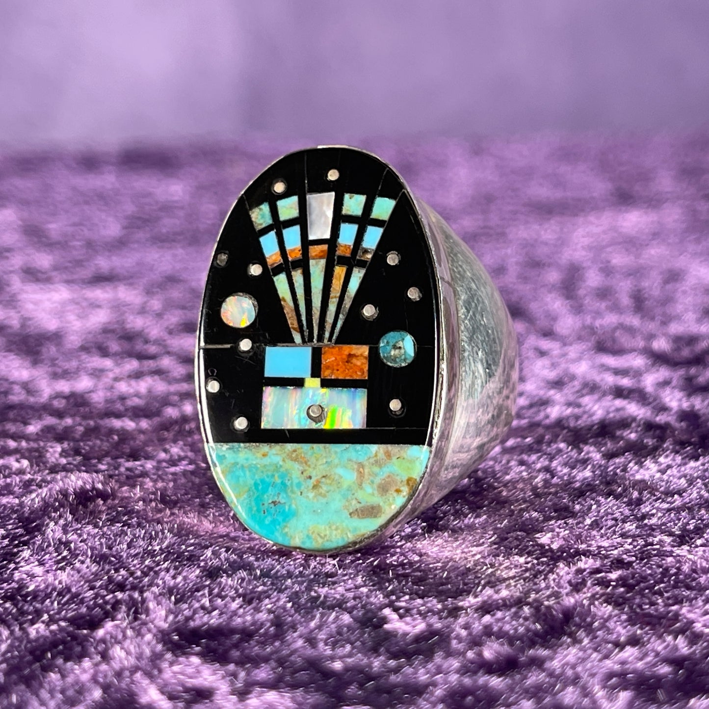 Native American Navajo Sterling Silver Ring Round 925 Gilbert Smith Night Sky Jet Opal Size Z + 2 / 13.5
