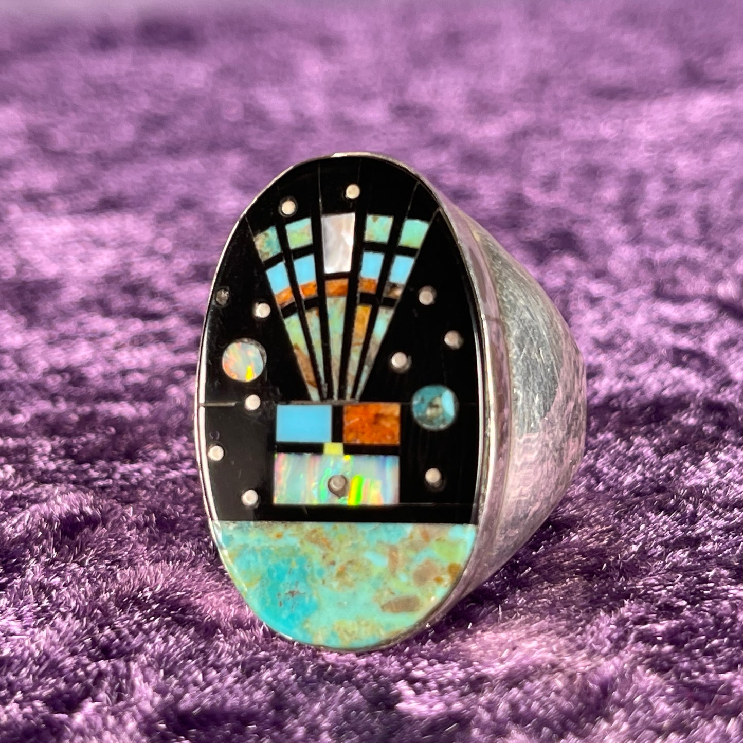 Native American Navajo Sterling Silver Ring Round 925 Gilbert Smith Night Sky Jet Opal Size Z + 2 / 13.5