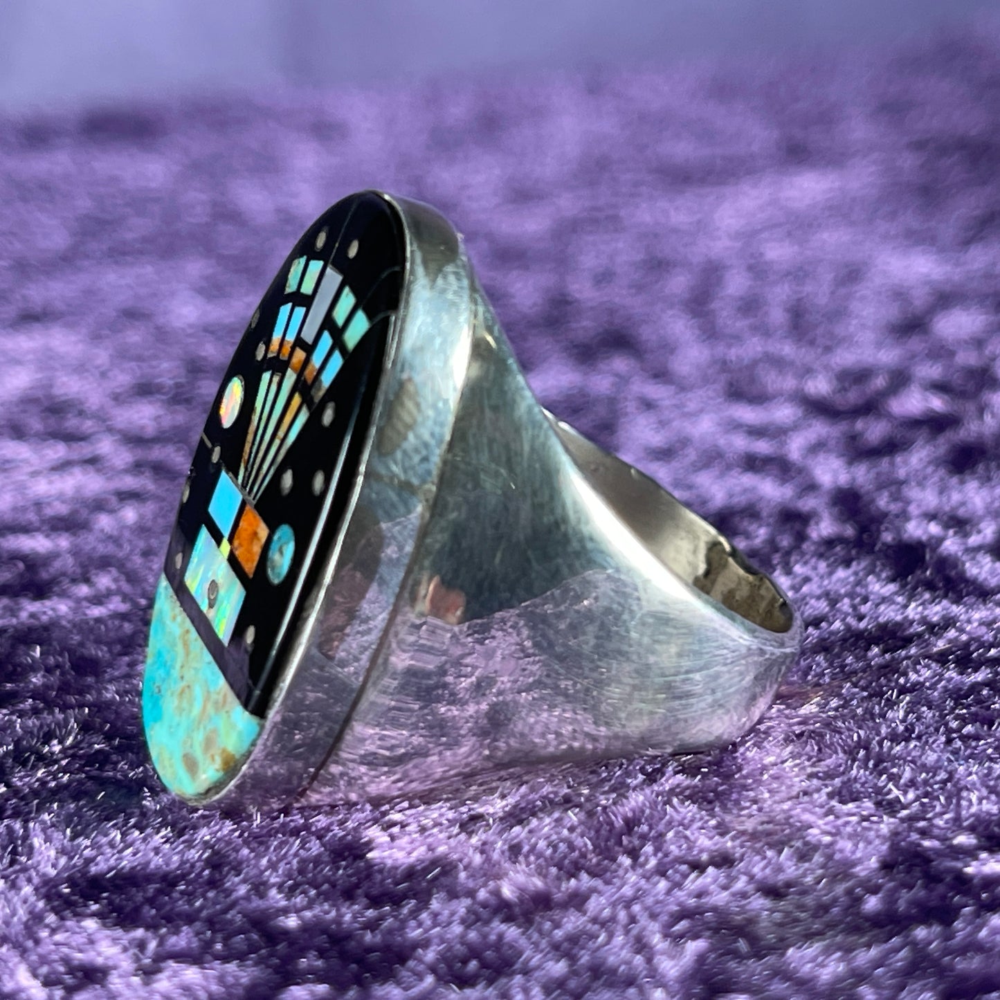 Native American Navajo Sterling Silver Ring Round 925 Gilbert Smith Night Sky Jet Opal Size Z + 2 / 13.5