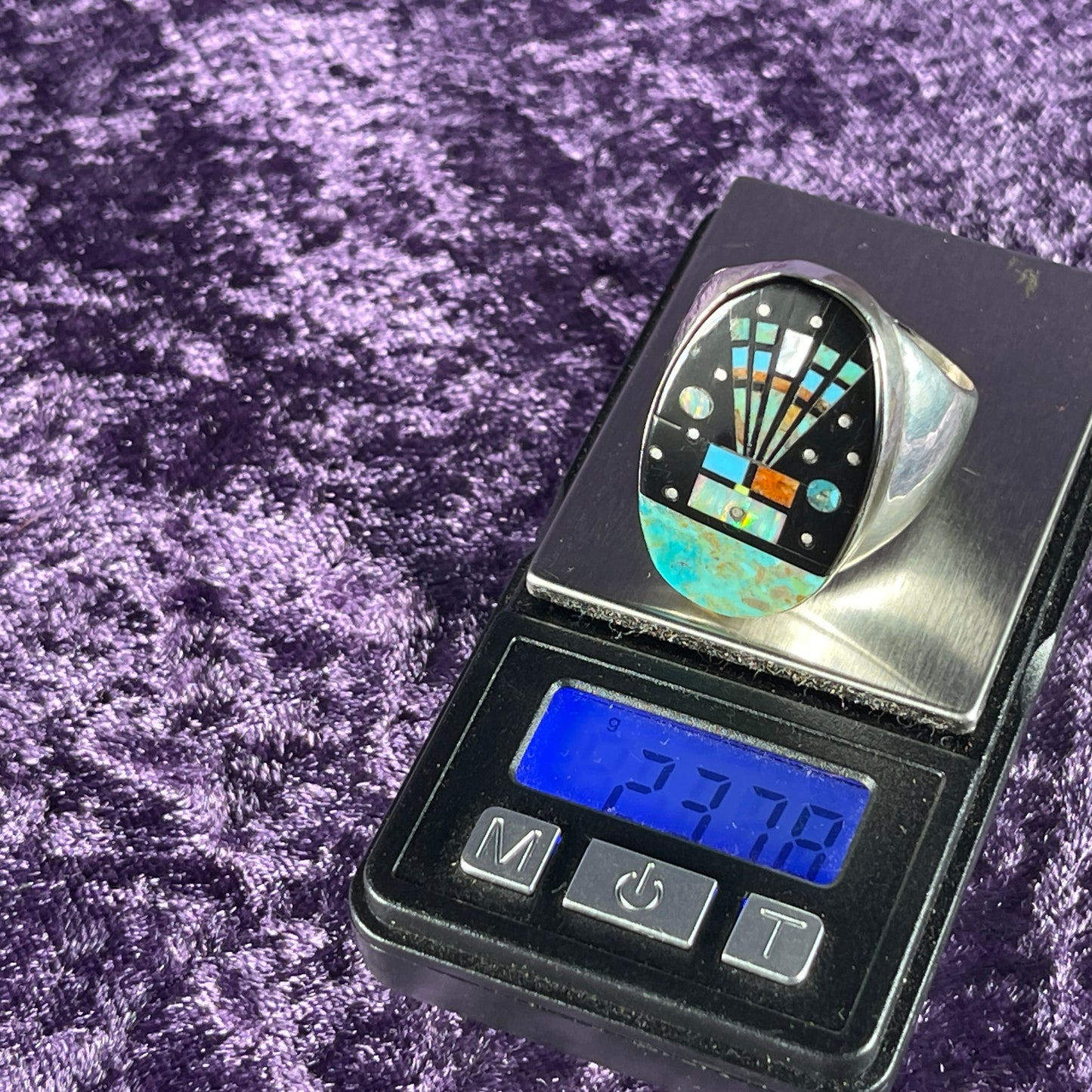 Native American Navajo Sterling Silver Ring Round 925 Gilbert Smith Night Sky Jet Opal Size Z + 2 / 13.5