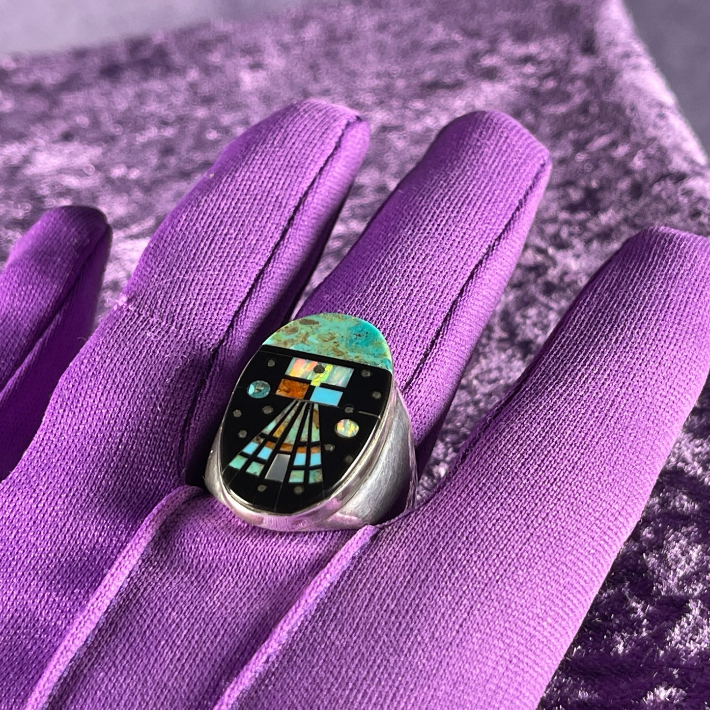 Native American Navajo Sterling Silver Ring Round 925 Gilbert Smith Night Sky Jet Opal Size Z + 2 / 13.5