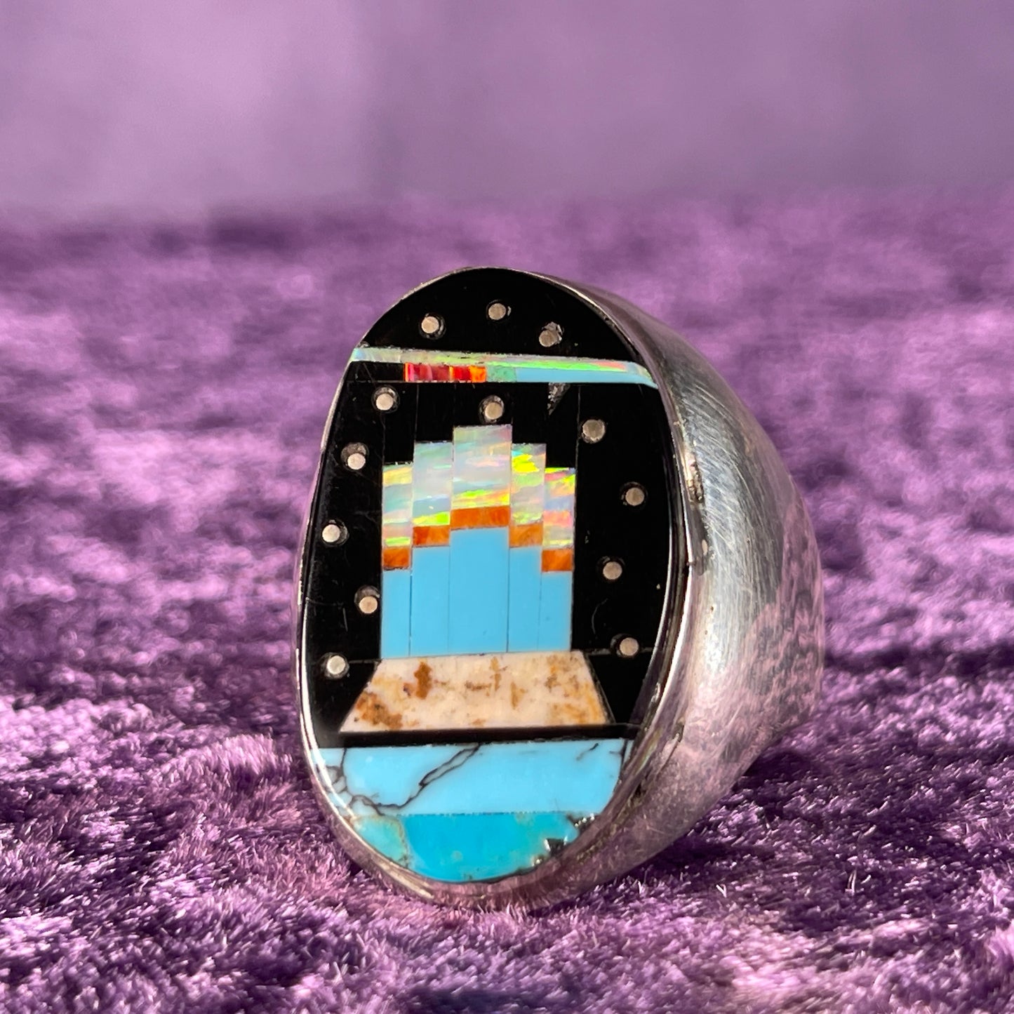 Native American Navajo Sterling Silver Ring Round 925 Gilbert Smith Night Sky Art Deco Jet Opal Size Z +5.5 / 15.5