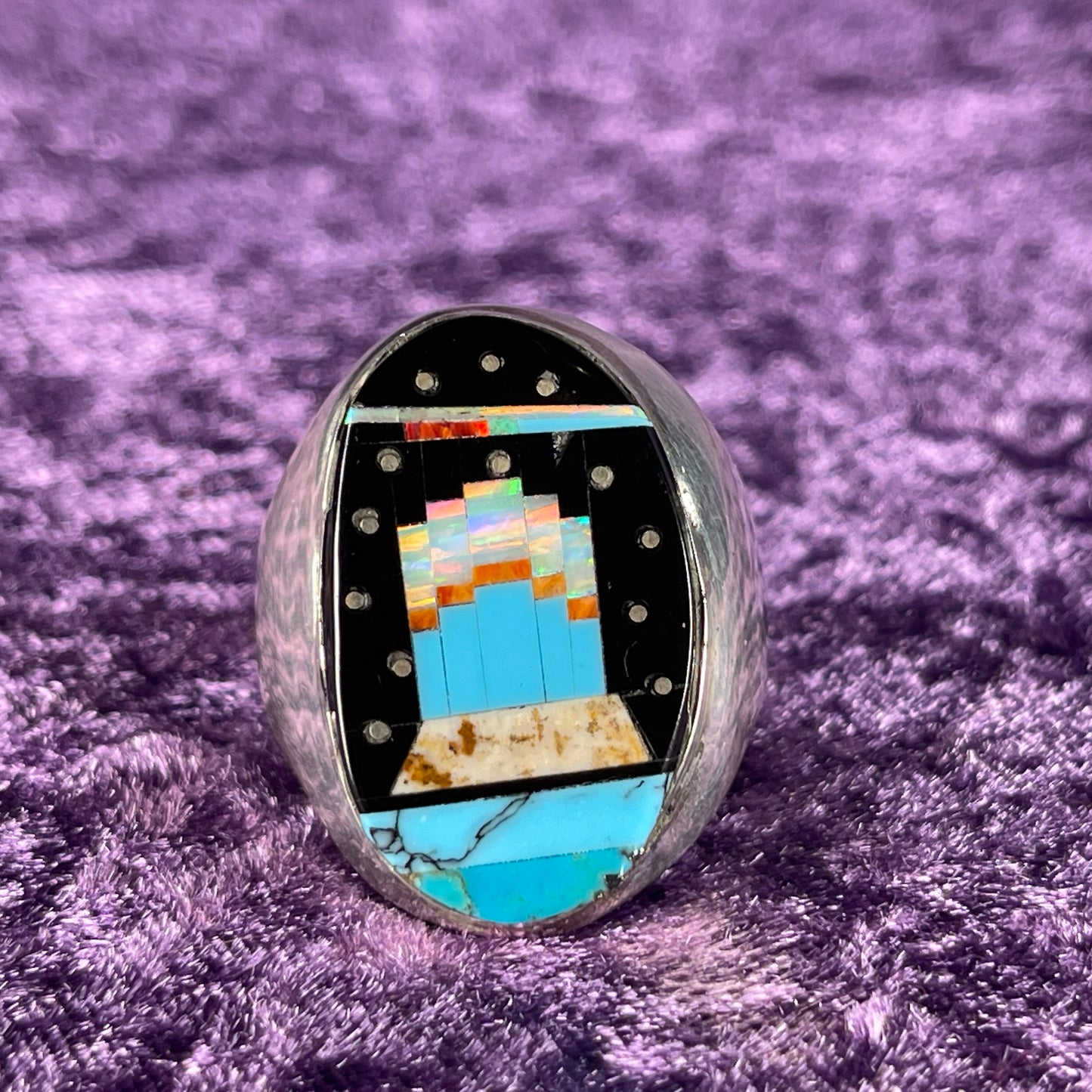 Native American Navajo Sterling Silver Ring Round 925 Gilbert Smith Night Sky Art Deco Jet Opal Size Z +5.5 / 15.5