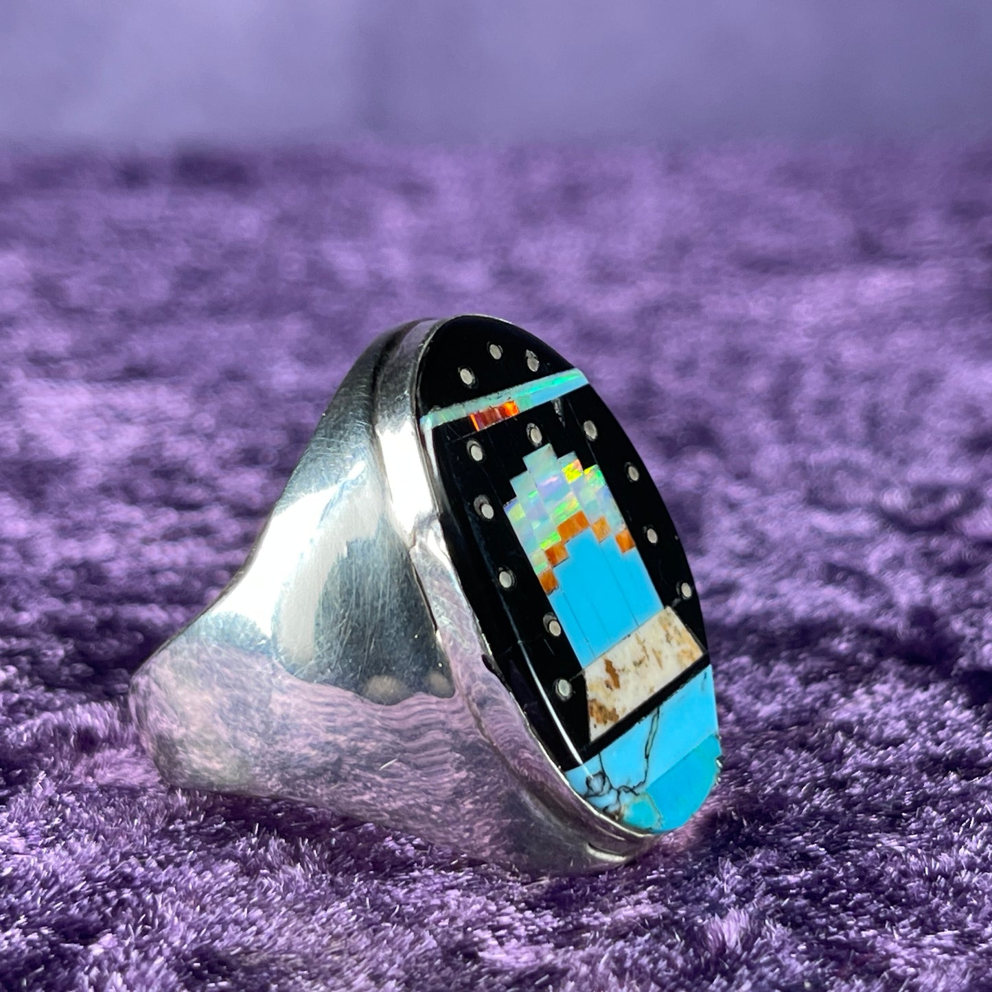 Native American Navajo Sterling Silver Ring Round 925 Gilbert Smith Night Sky Art Deco Jet Opal Size Z +5.5 / 15.5