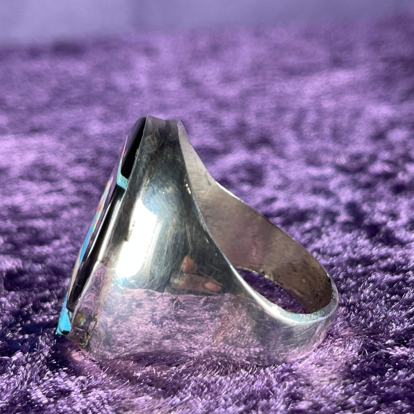 Native American Navajo Sterling Silver Ring Round 925 Gilbert Smith Night Sky Art Deco Jet Opal Size Z +5.5 / 15.5