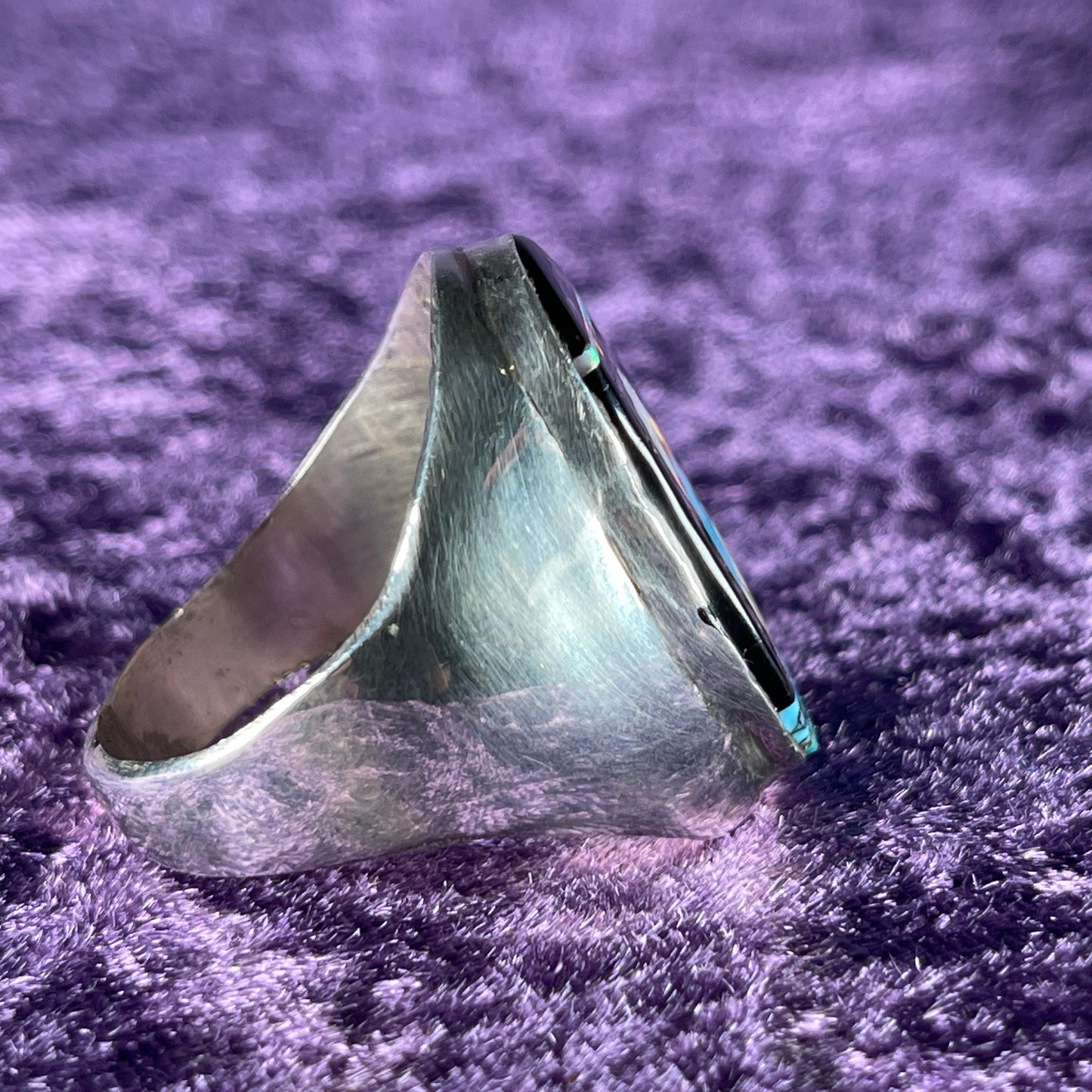 Native American Navajo Sterling Silver Ring Round 925 Gilbert Smith Night Sky Art Deco Jet Opal Size Z +5.5 / 15.5