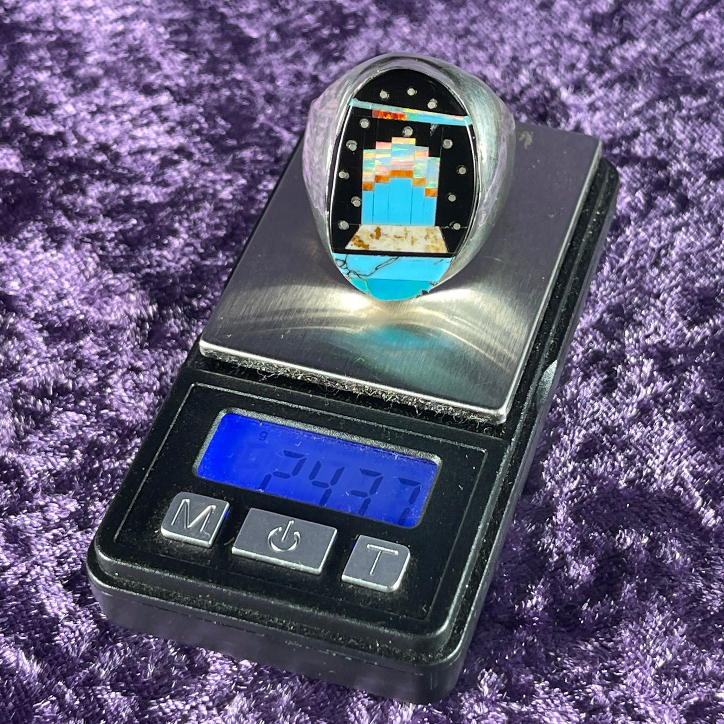 Native American Navajo Sterling Silver Ring Round 925 Gilbert Smith Night Sky Art Deco Jet Opal Size Z +5.5 / 15.5