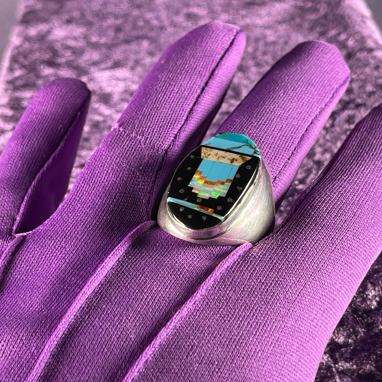 Native American Navajo Sterling Silver Ring Round 925 Gilbert Smith Night Sky Art Deco Jet Opal Size Z +5.5 / 15.5