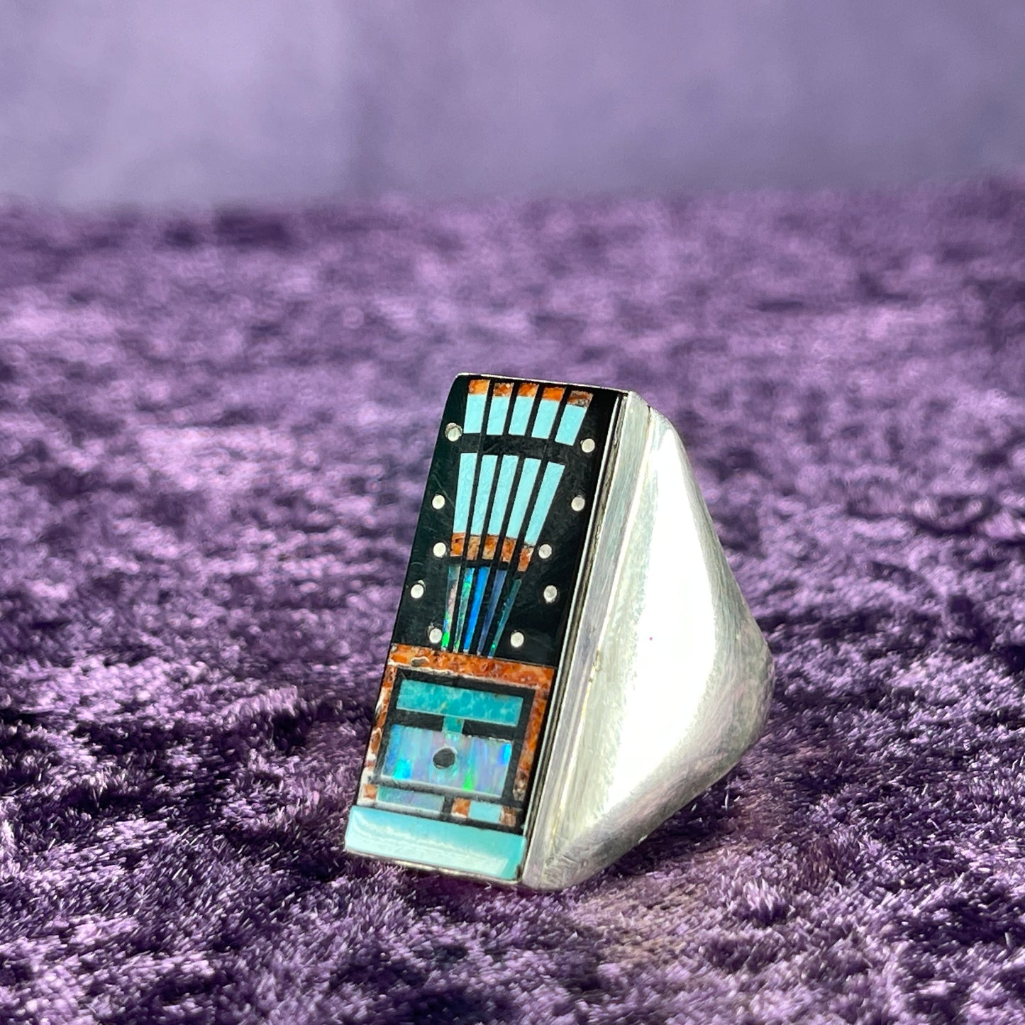 Native American Navajo Sterling Silver Ring 925 Gilbert Smith Night Sky Jet Opal Size Y / 12