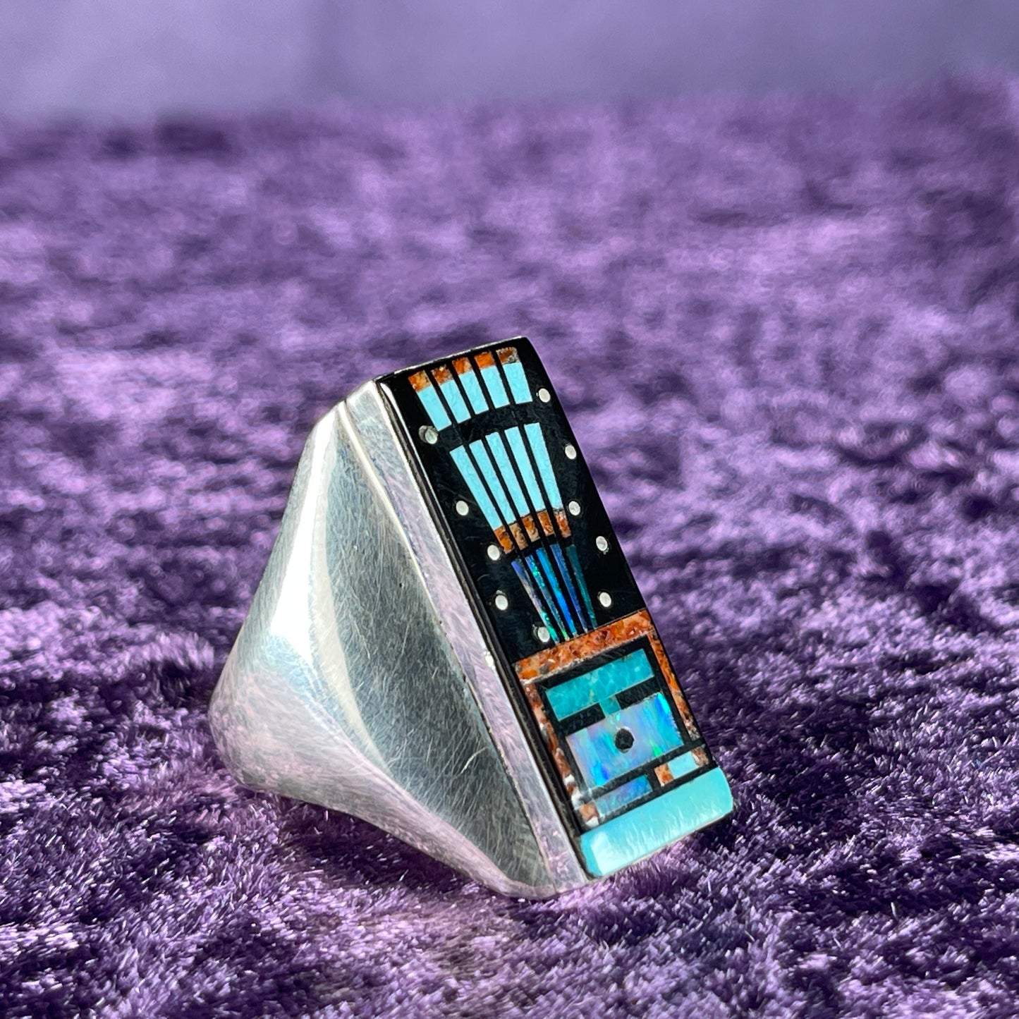 Native American Navajo Sterling Silver Ring 925 Gilbert Smith Night Sky Jet Opal Size Y / 12