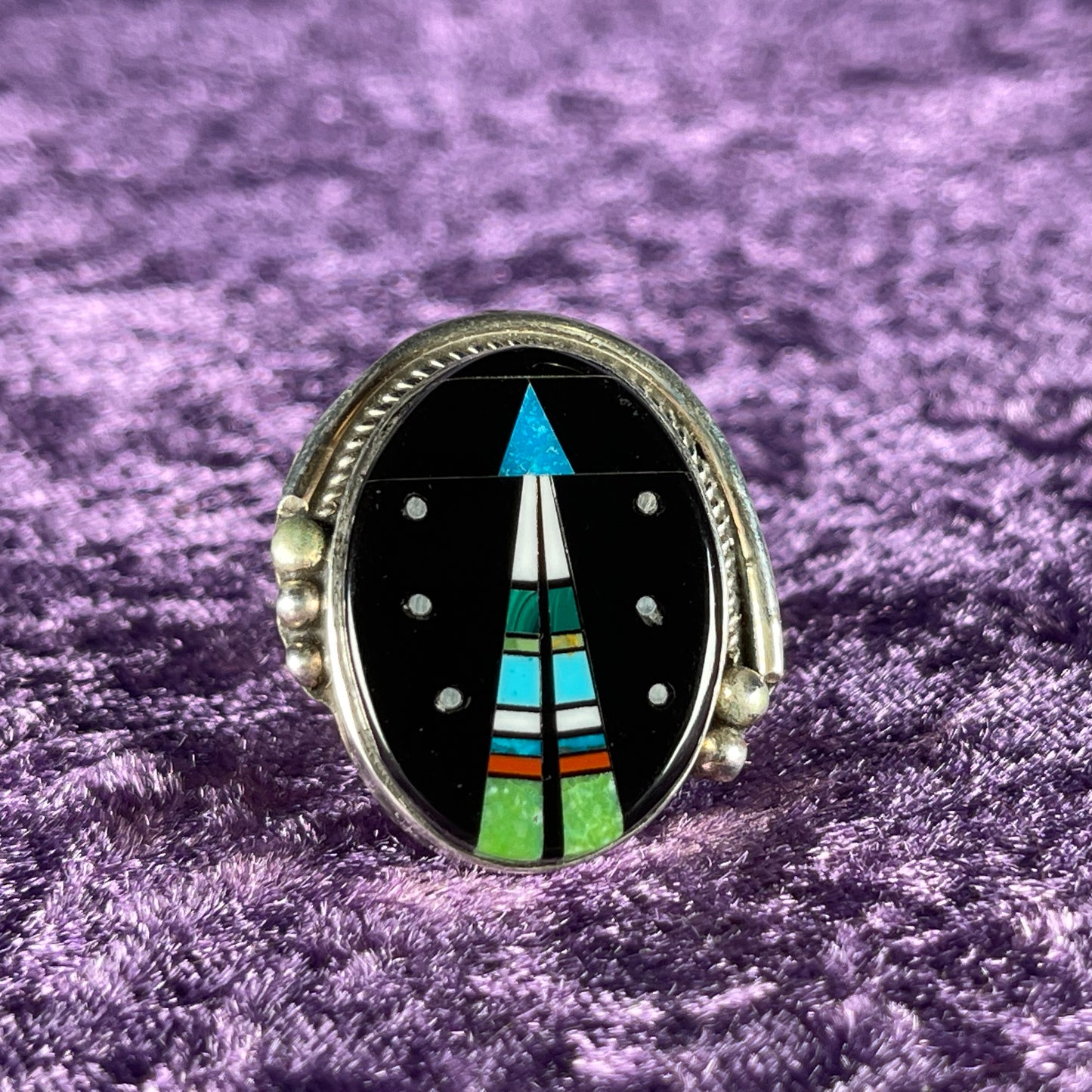 Vintage Native American Navajo Sterling Silver Ladies Ring 925 Matt Jack Night Sky Size S / 9