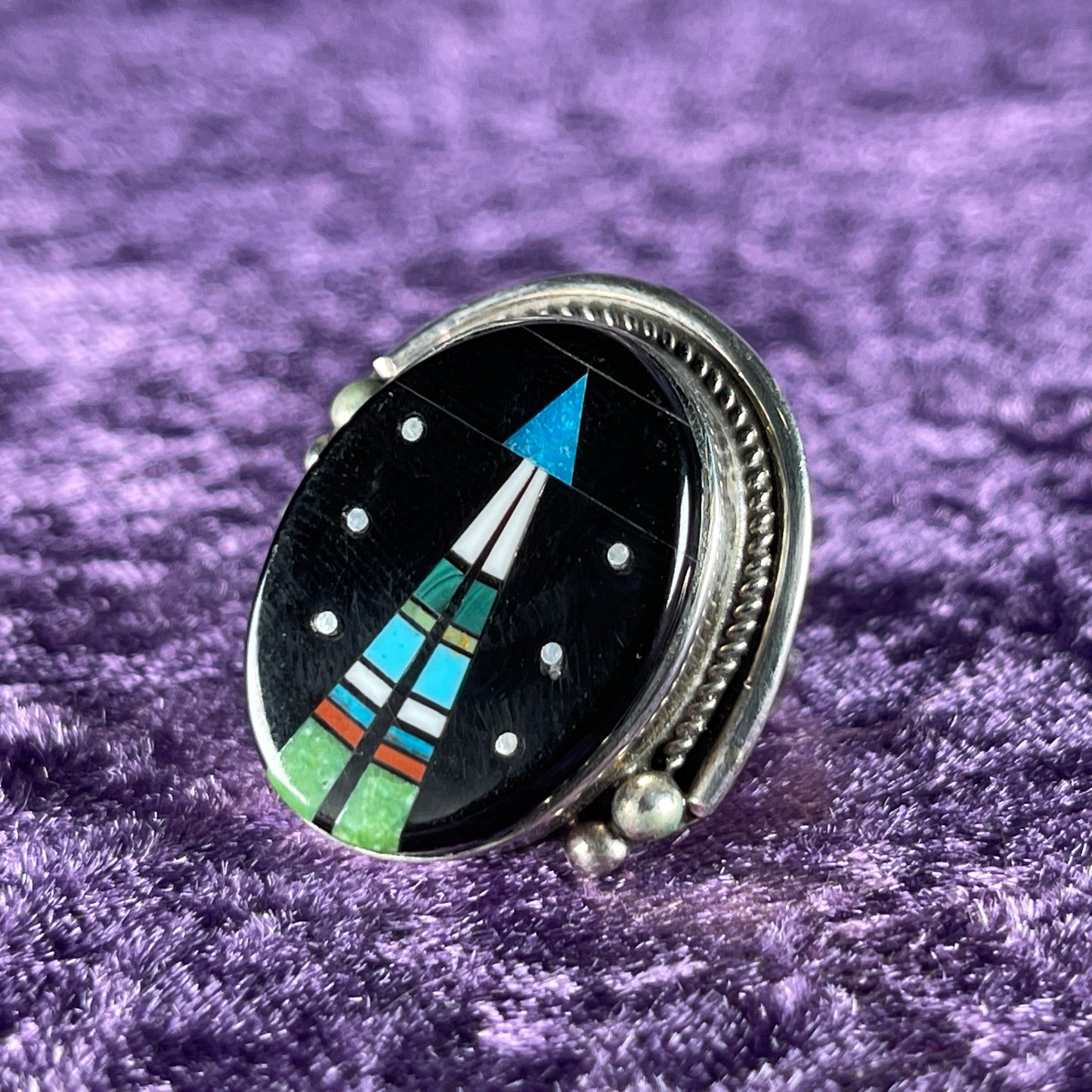 Vintage Native American Navajo Sterling Silver Ladies Ring 925 Matt Jack Night Sky Size S / 9