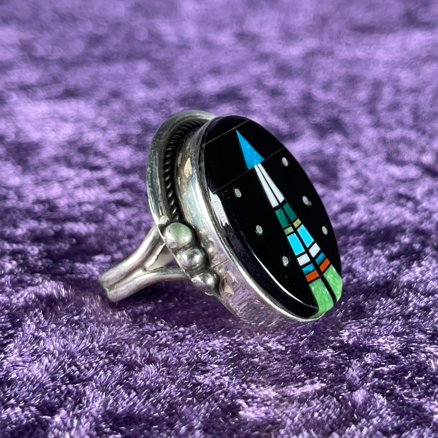 Vintage Native American Navajo Sterling Silver Ladies Ring 925 Matt Jack Night Sky Size S / 9