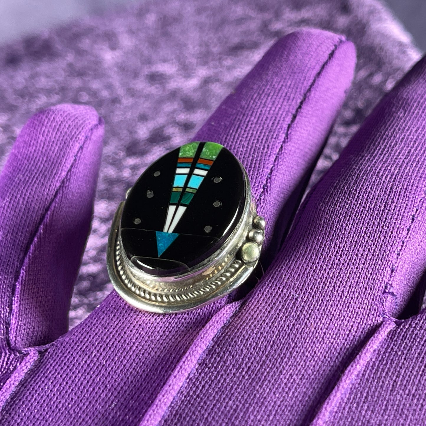 Vintage Native American Navajo Sterling Silver Ladies Ring 925 Matt Jack Night Sky Size S / 9