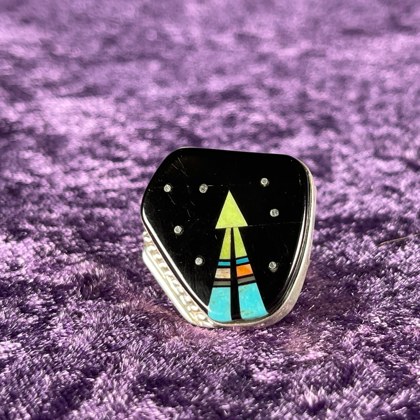 Vintage Native American Navajo Sterling Silver Ladies Ring 925 Matt Jack Night Sky Round Size J.5 / 5