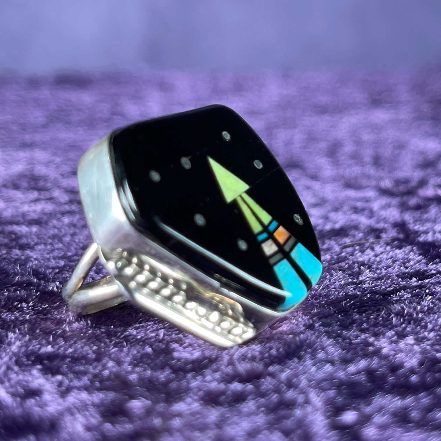 Vintage Native American Navajo Sterling Silver Ladies Ring 925 Matt Jack Night Sky Round Size J.5 / 5
