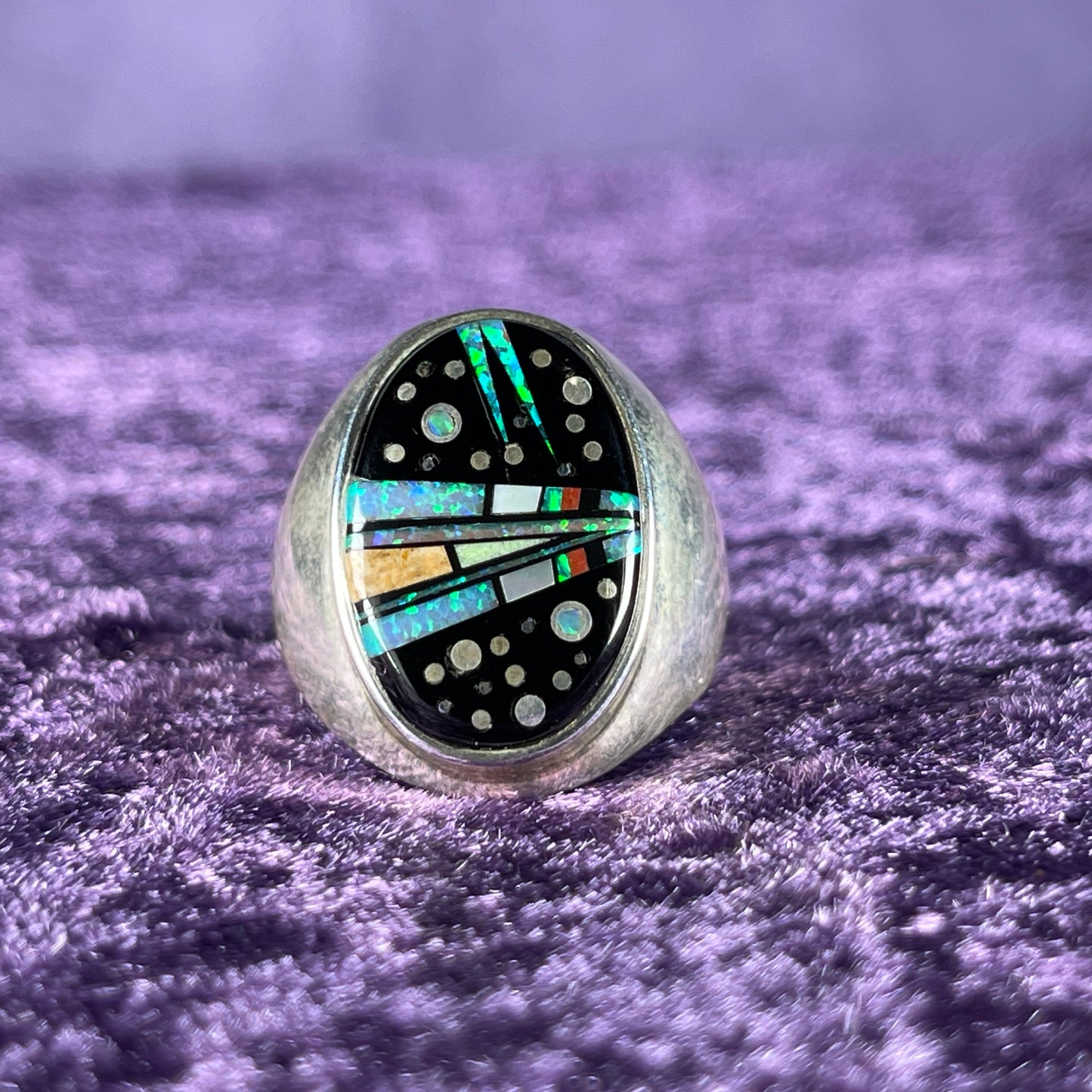 Native American Navajo Sterling Silver Ring 925 Ernie Francisco Night Sky Jet Opal Size U / 10