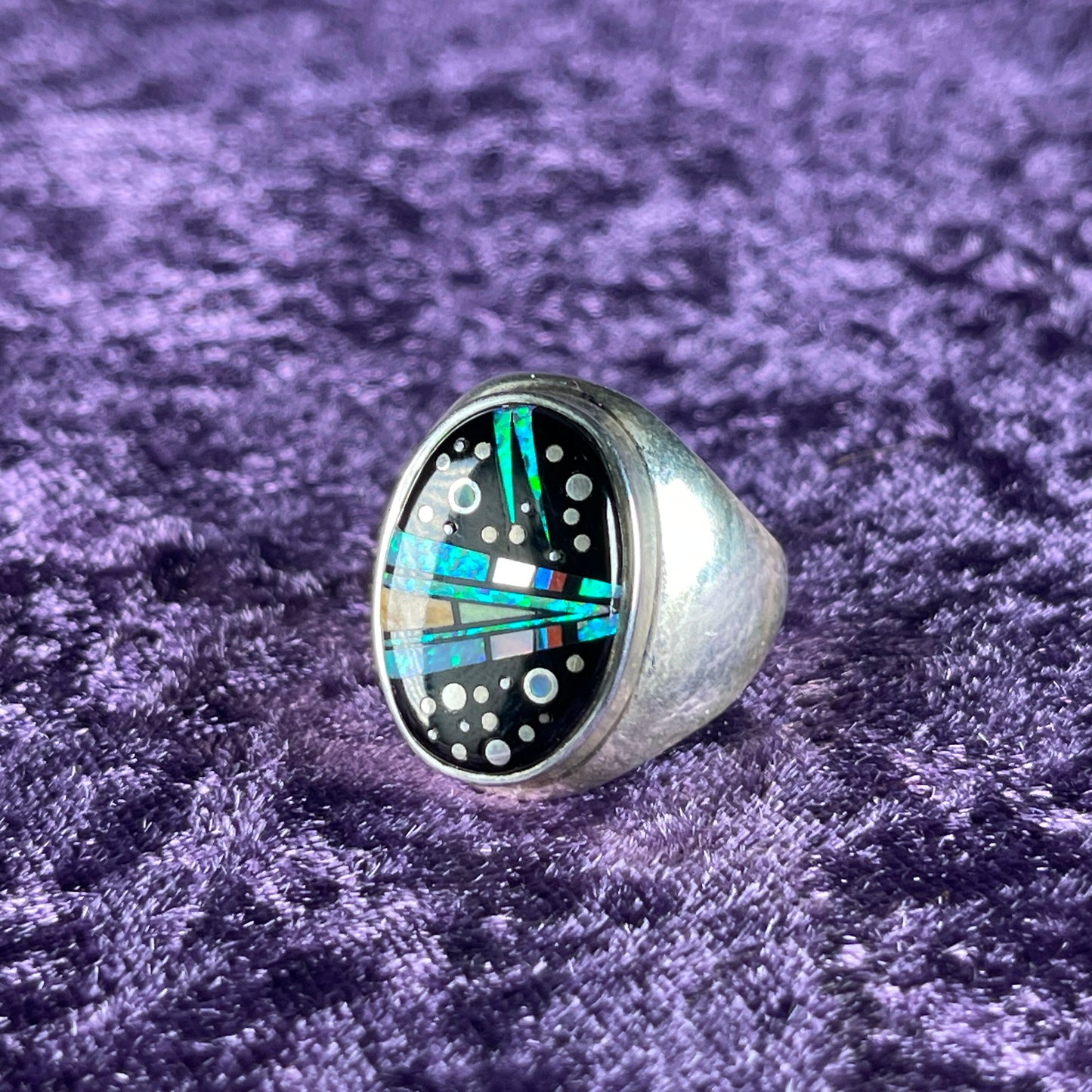 Native American Navajo Sterling Silver Ring 925 Ernie Francisco Night Sky Jet Opal Size U / 10