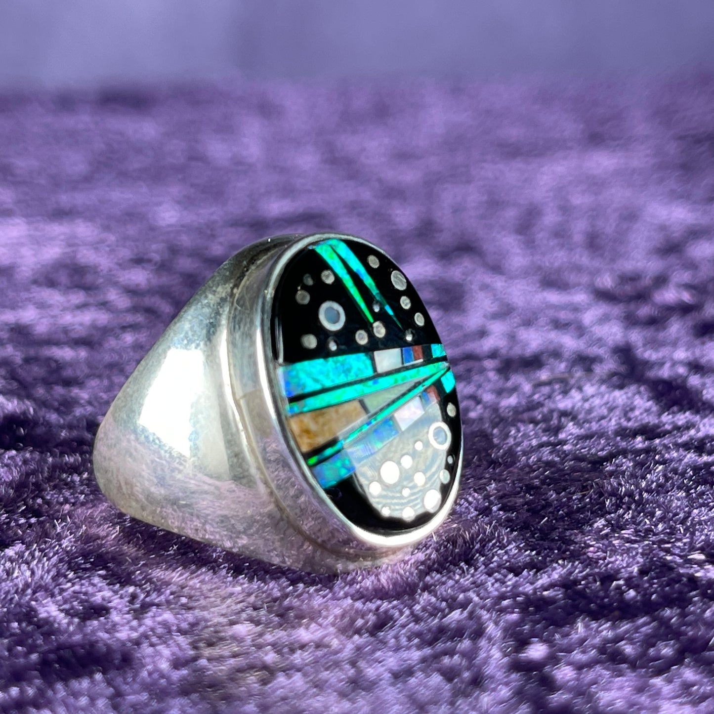 Native American Navajo Sterling Silver Ring 925 Ernie Francisco Night Sky Jet Opal Size U / 10