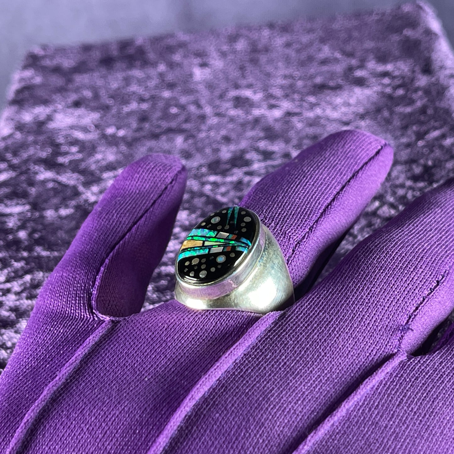 Native American Navajo Sterling Silver Ring 925 Ernie Francisco Night Sky Jet Opal Size U / 10