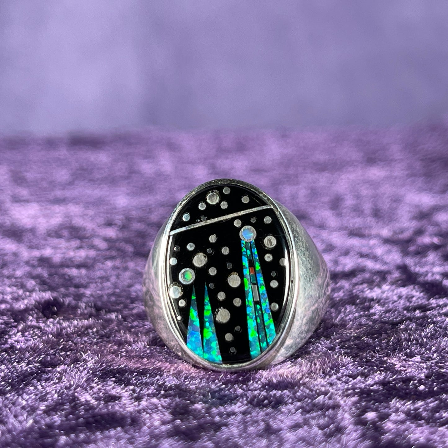 Native American Navajo Sterling Silver Ring 925 Ernie Francisco Night Sky Jet Opal Size Y / 12
