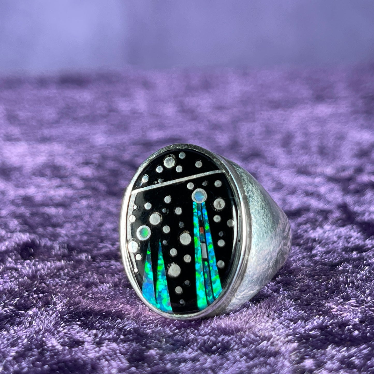 Native American Navajo Sterling Silver Ring 925 Ernie Francisco Night Sky Jet Opal Size Y / 12