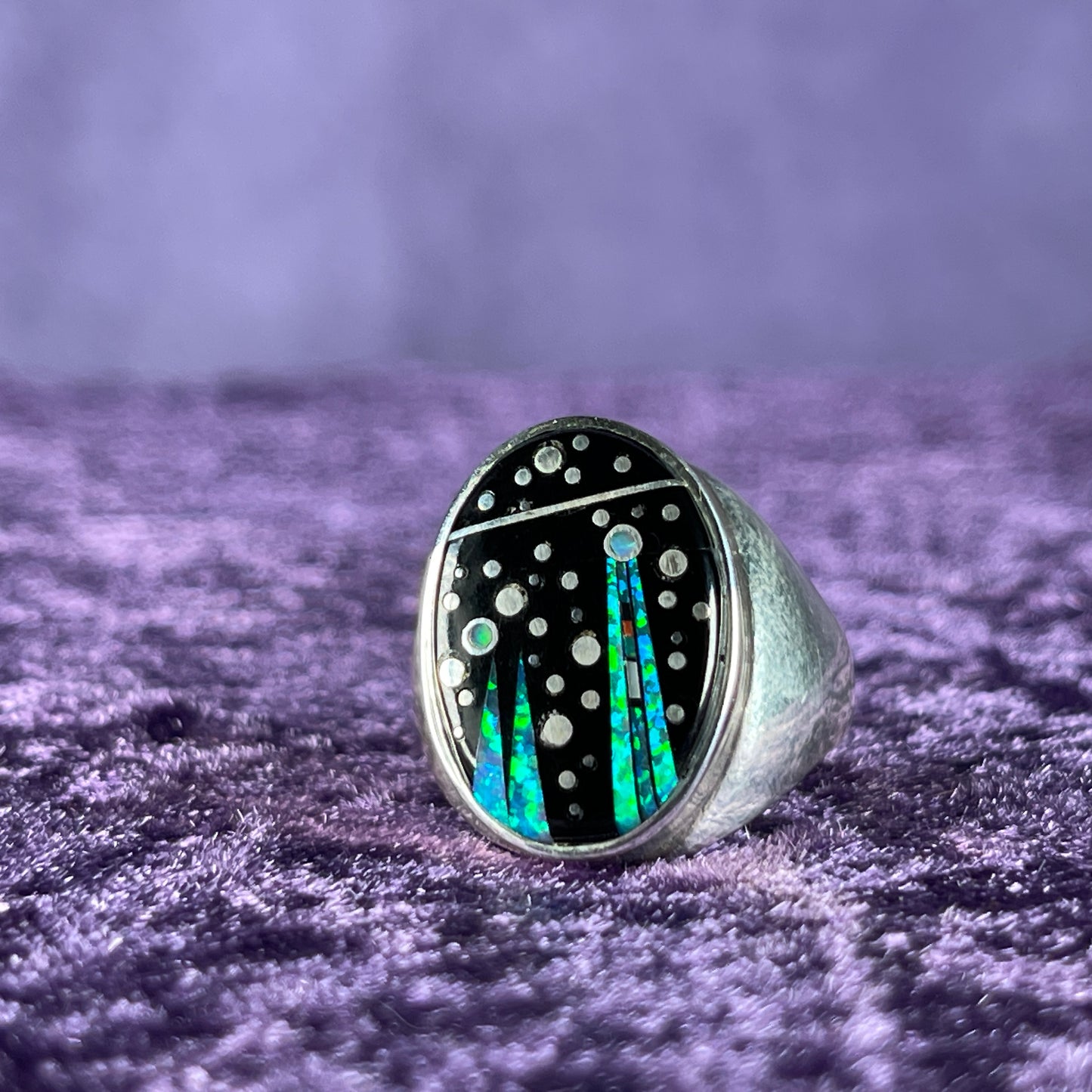 Native American Navajo Sterling Silver Ring 925 Ernie Francisco Night Sky Jet Opal Size Y / 12