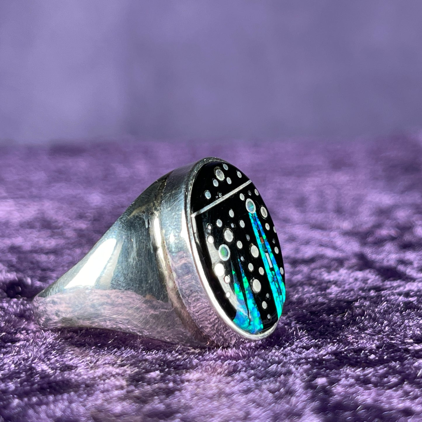 Native American Navajo Sterling Silver Ring 925 Ernie Francisco Night Sky Jet Opal Size Y / 12