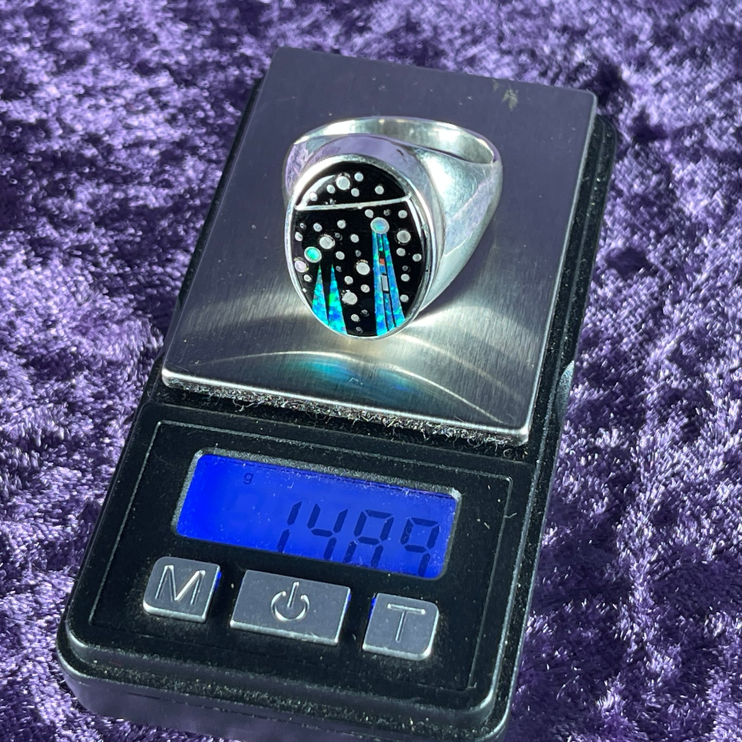 Native American Navajo Sterling Silver Ring 925 Ernie Francisco Night Sky Jet Opal Size Y / 12