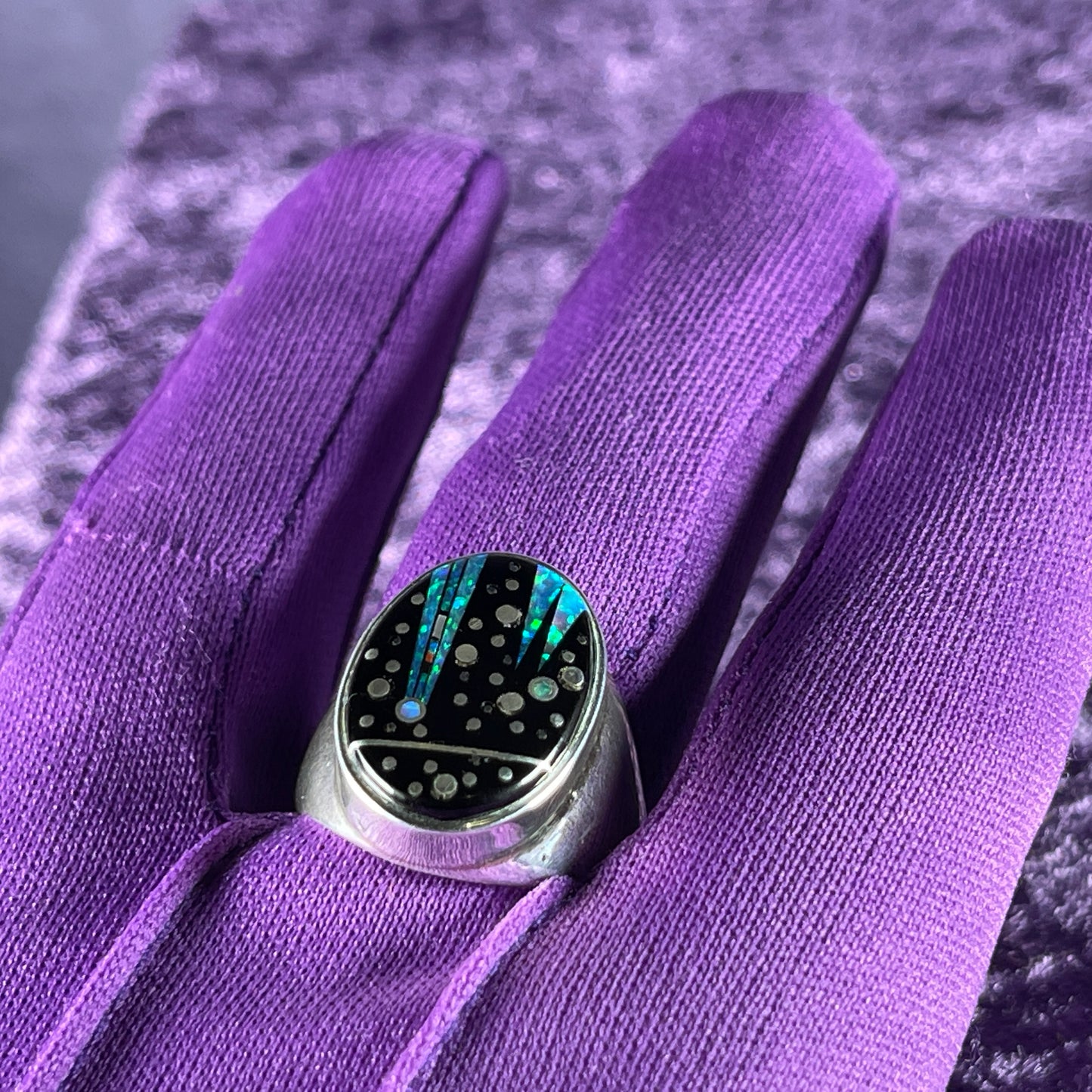Native American Navajo Sterling Silver Ring 925 Ernie Francisco Night Sky Jet Opal Size Y / 12