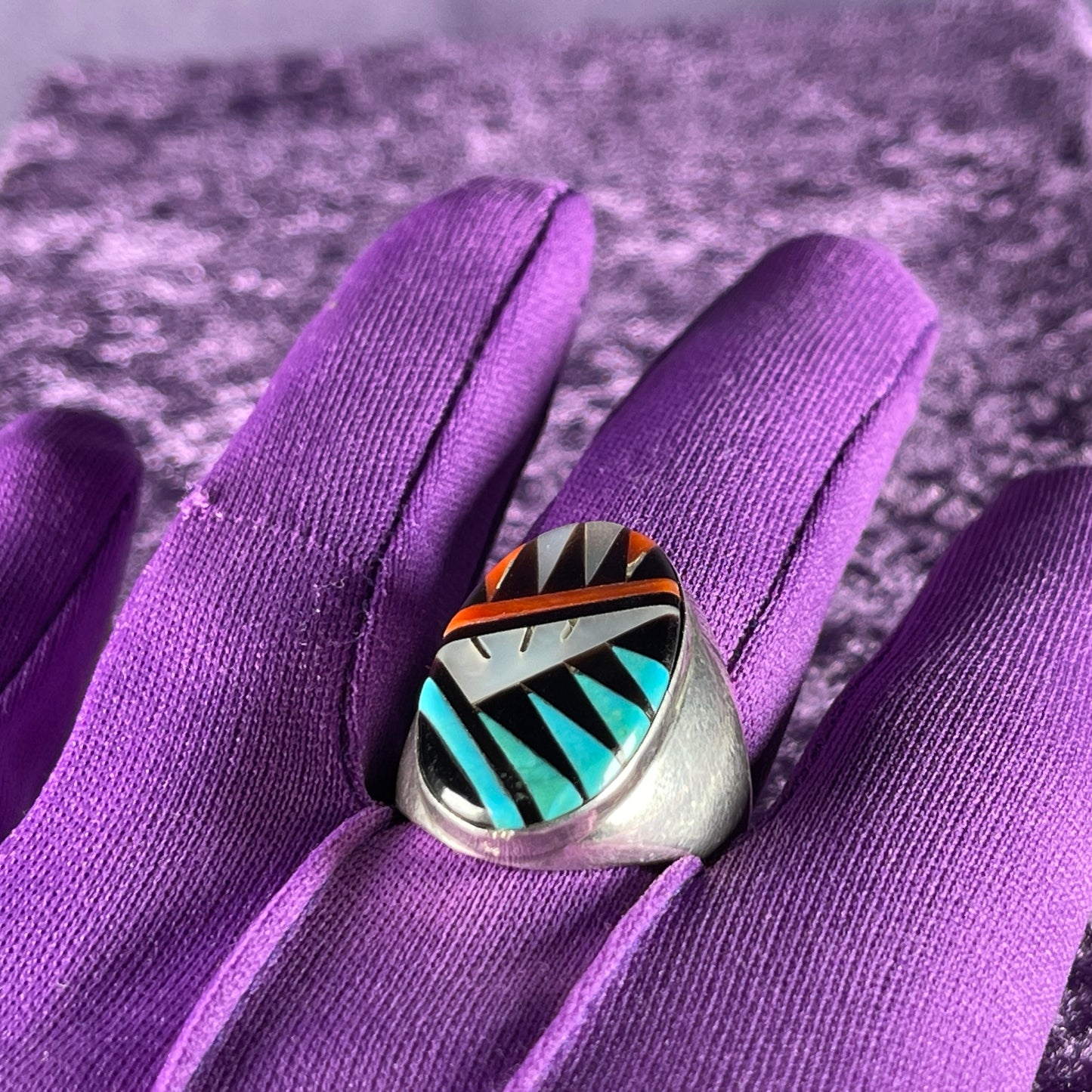 Vintage Native American Zuni Sterling Silver Ring 925 Larry Leslie & Gladys Multi stone Size Y / 12