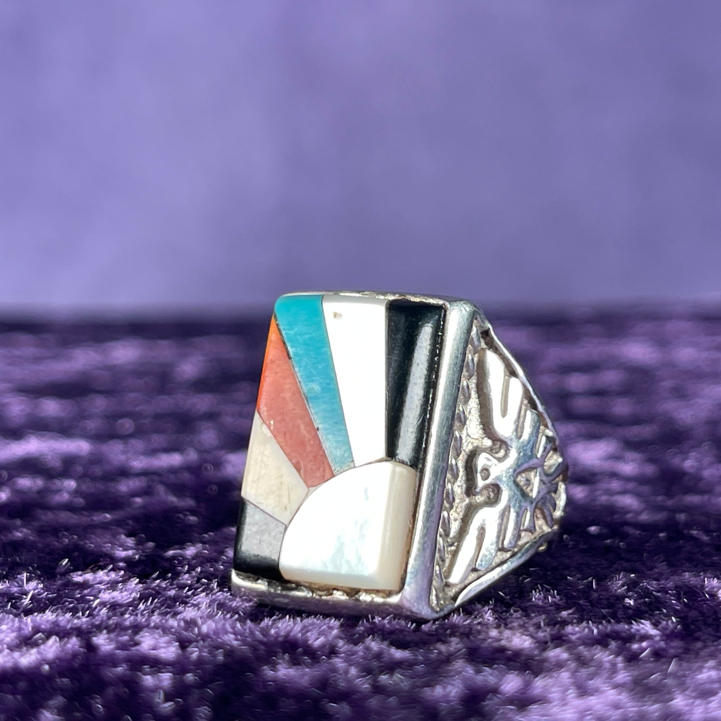 Vintage Fred Harvey Era Rising Sun Zuni Thunderbird & Kachina Navajo 925 Silver Size T.5 / 9.75