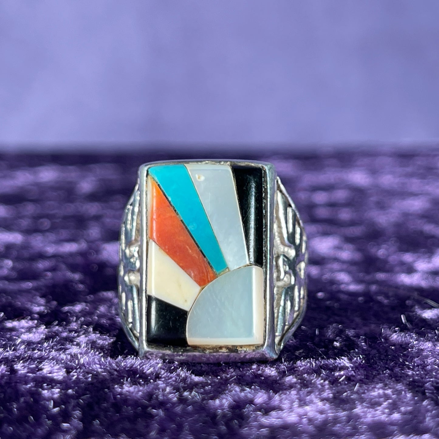 Vintage Fred Harvey Era Rising Sun Zuni Thunderbird & Kachina Navajo 925 Silver Size T.5 / 9.75
