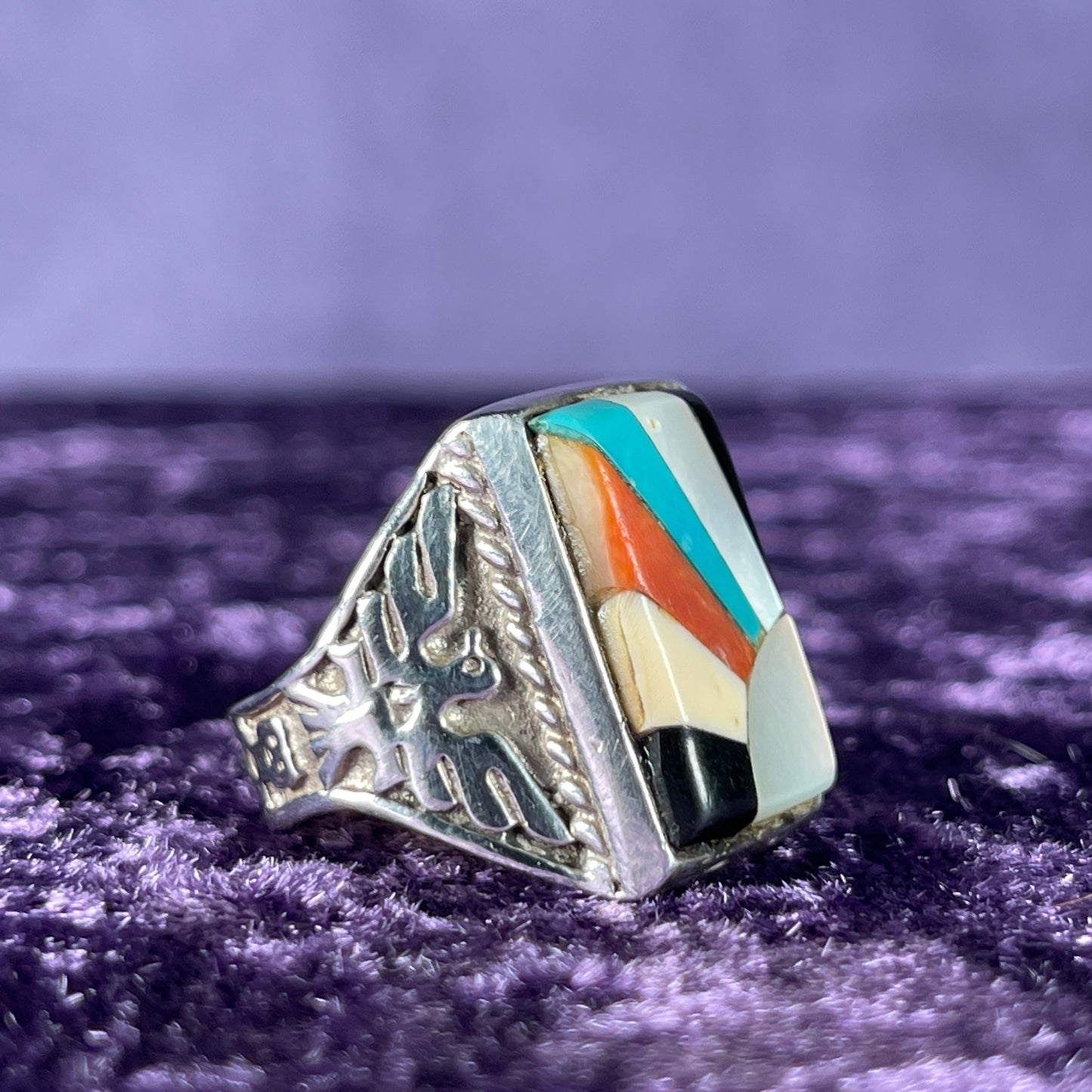 Vintage Fred Harvey Era Rising Sun Zuni Thunderbird & Kachina Navajo 925 Silver Size T.5 / 9.75
