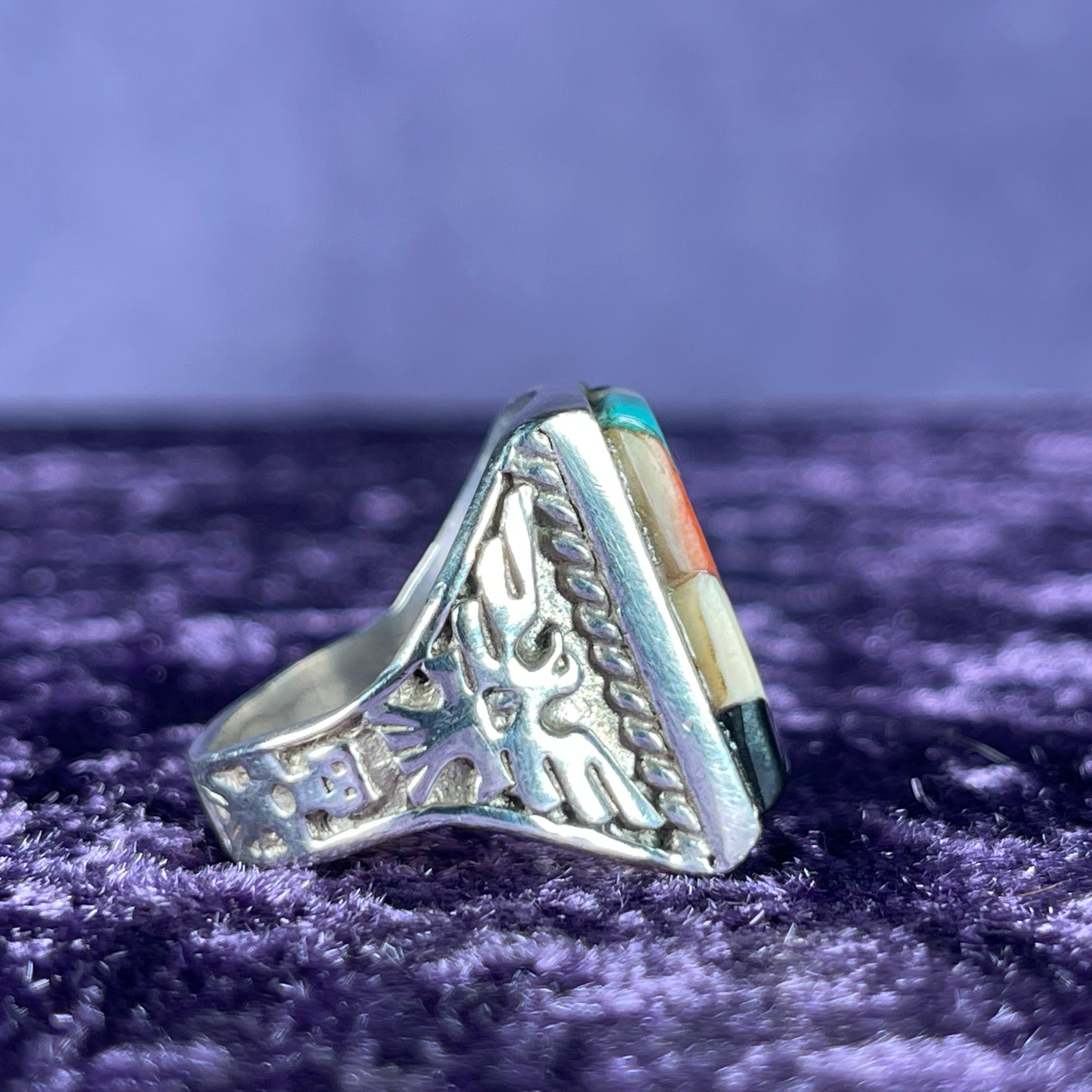Vintage Fred Harvey Era Rising Sun Zuni Thunderbird & Kachina Navajo 925 Silver Size T.5 / 9.75