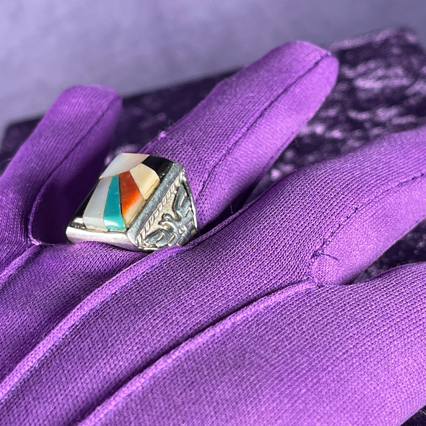 Vintage Fred Harvey Era Rising Sun Zuni Thunderbird & Kachina Navajo 925 Silver Size T.5 / 9.75