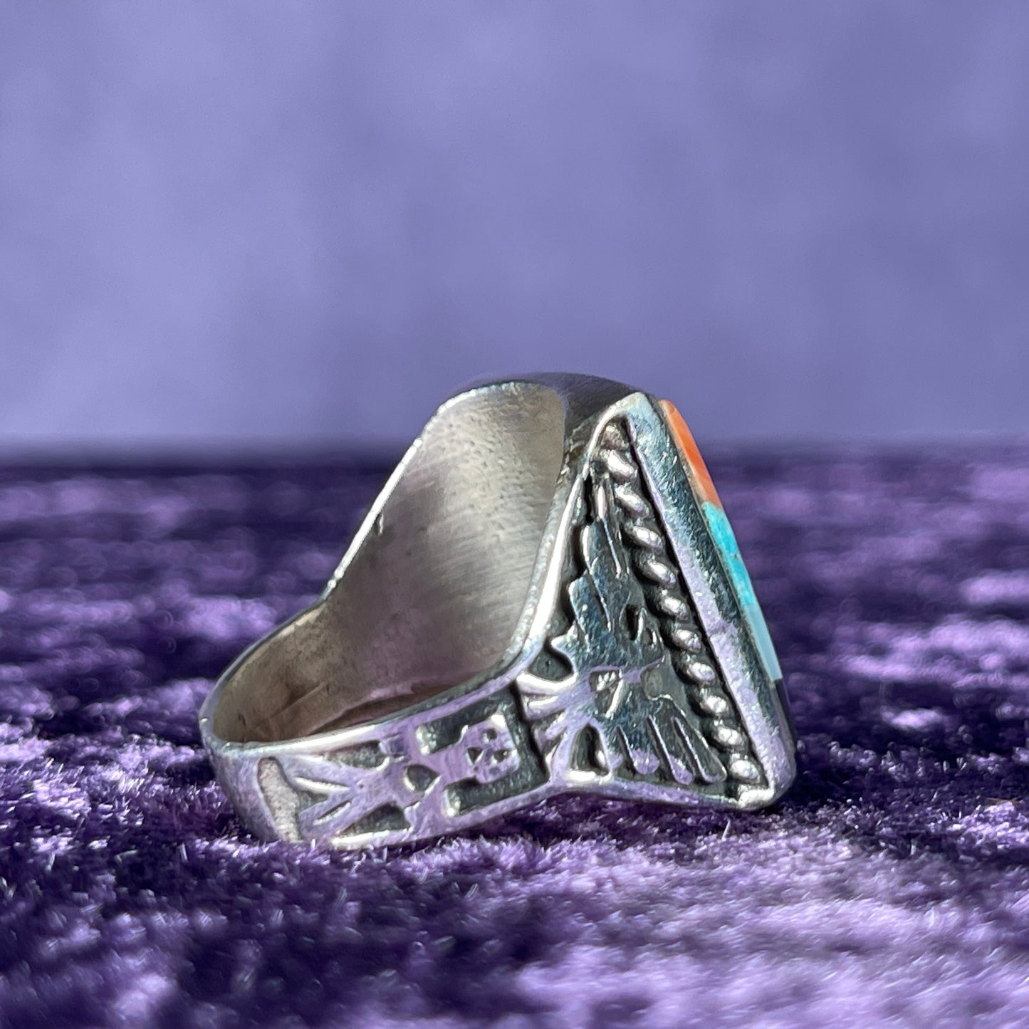 Vintage Fred Harvey Era Rising Sun Zuni Thunderbird & Kachina Navajo 925 Silver Size R.5 / 9 