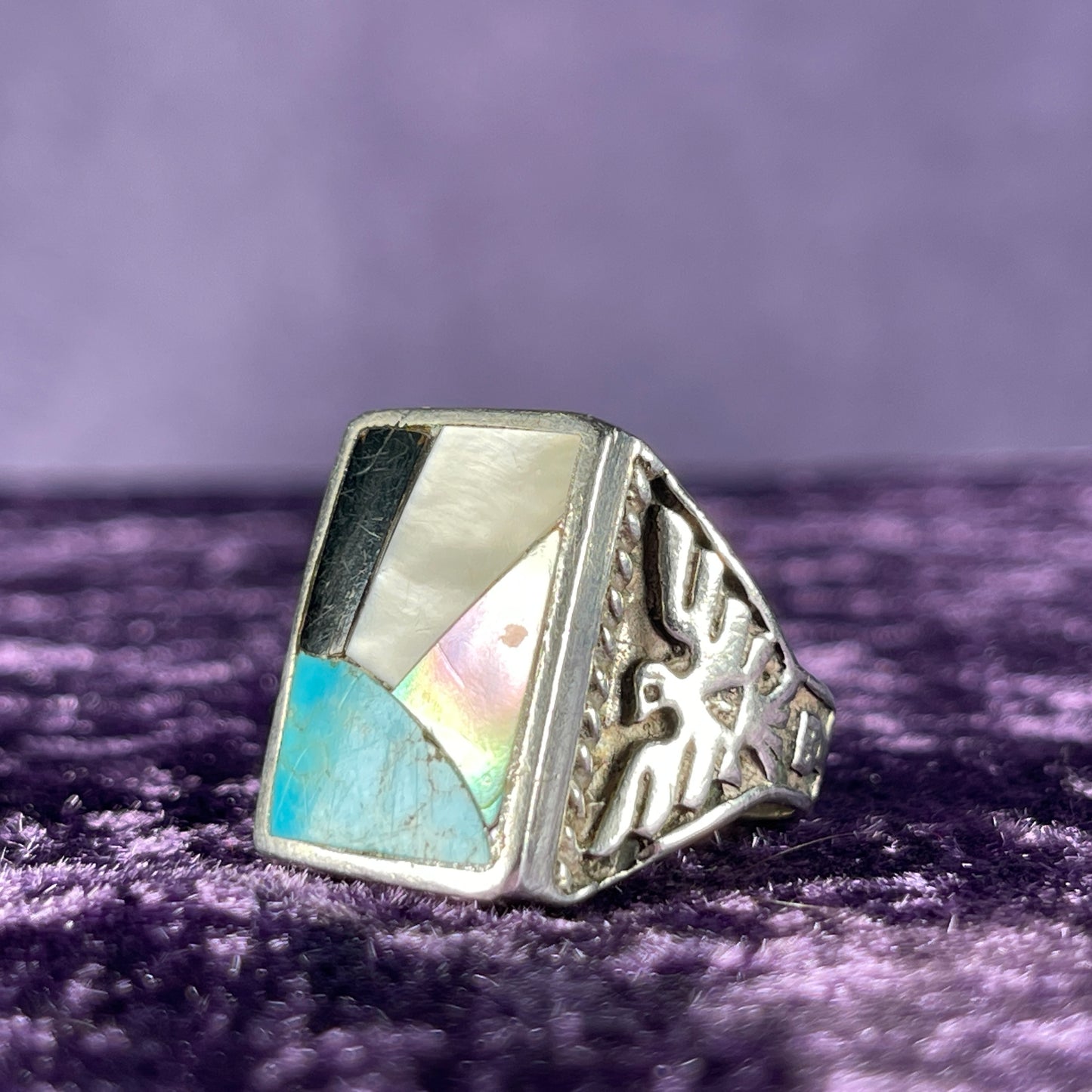 Vintage Fred Harvey Era Rising Sun Zuni Thunderbird & Kachina Navajo 925 Silver Size V / 10.5