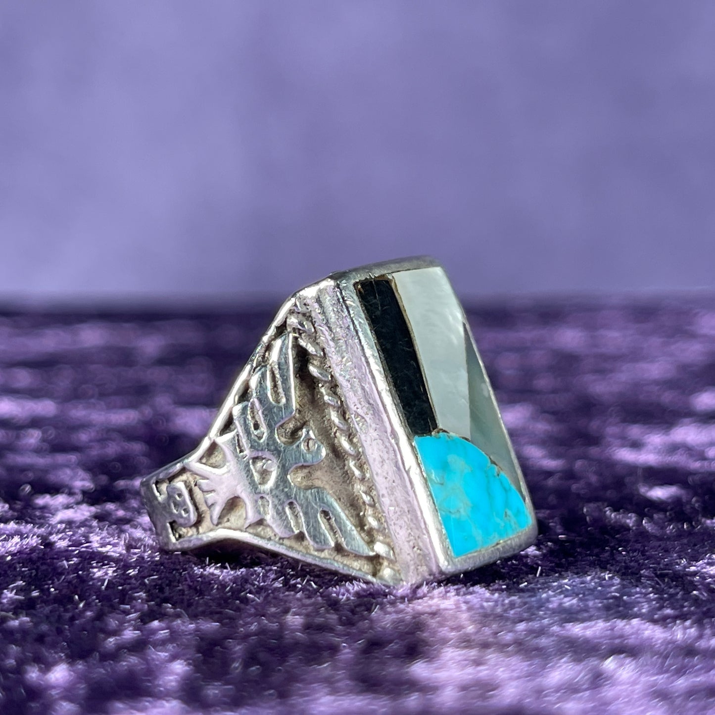 Vintage Fred Harvey Era Rising Sun Zuni Thunderbird & Kachina Navajo 925 Silver Size V / 10.5