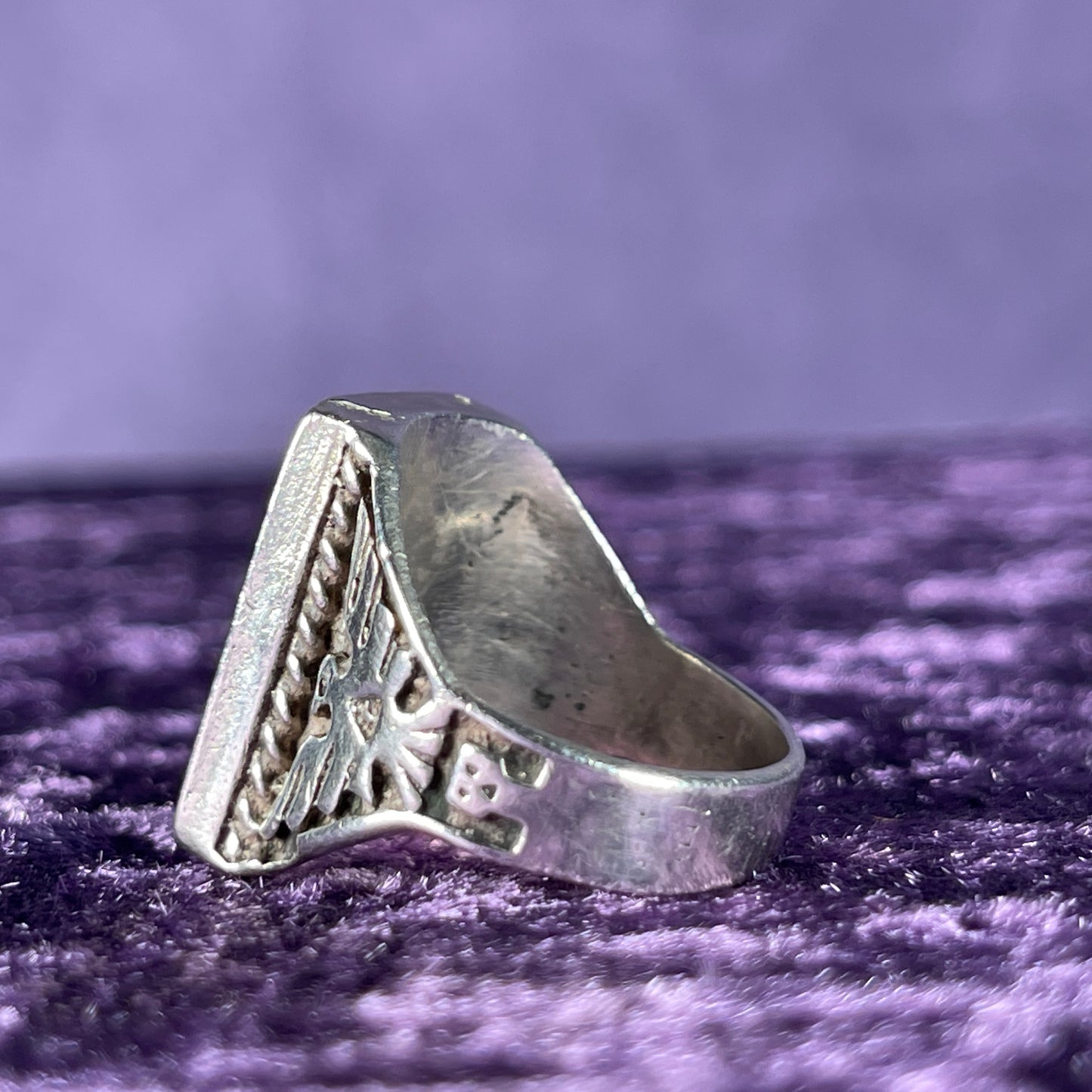 Vintage Fred Harvey Era Rising Sun Zuni Thunderbird & Kachina Navajo 925 Silver Size V / 10.5