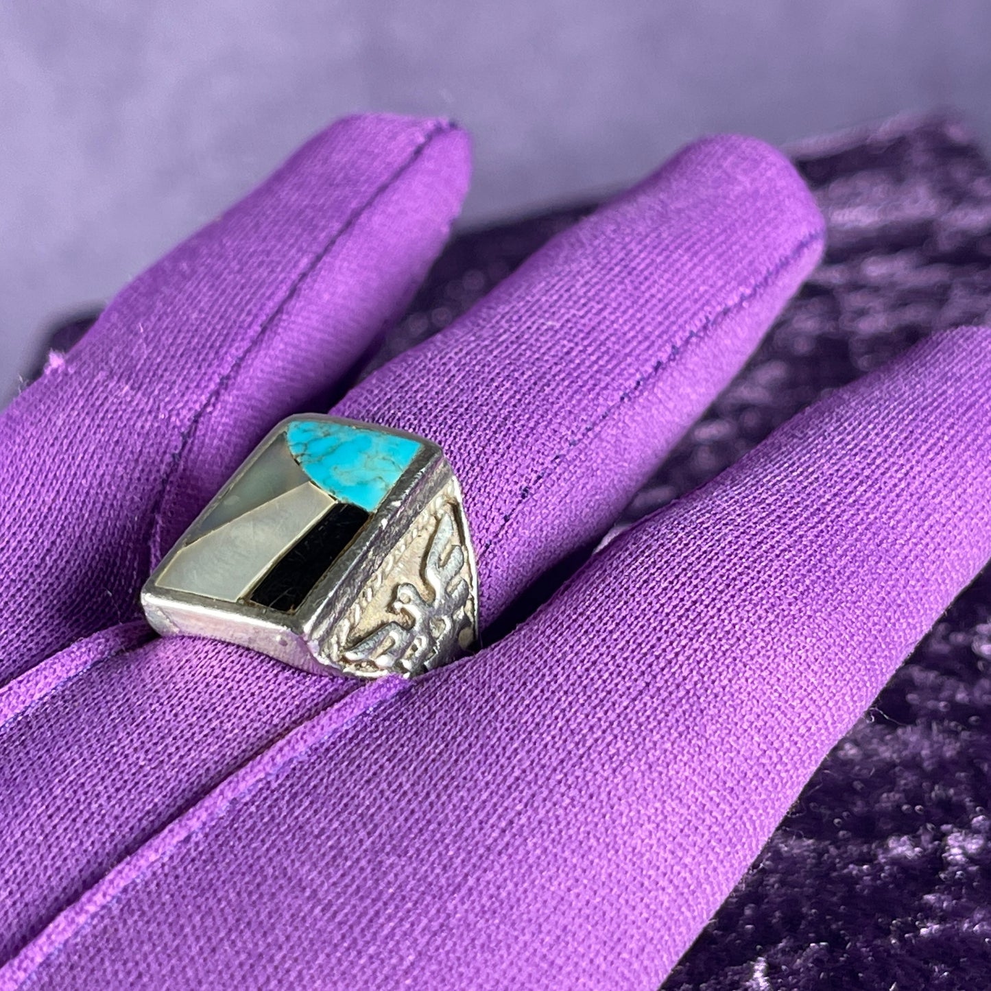 Vintage Fred Harvey Era Rising Sun Zuni Thunderbird & Kachina Navajo 925 Silver Size V / 10.5