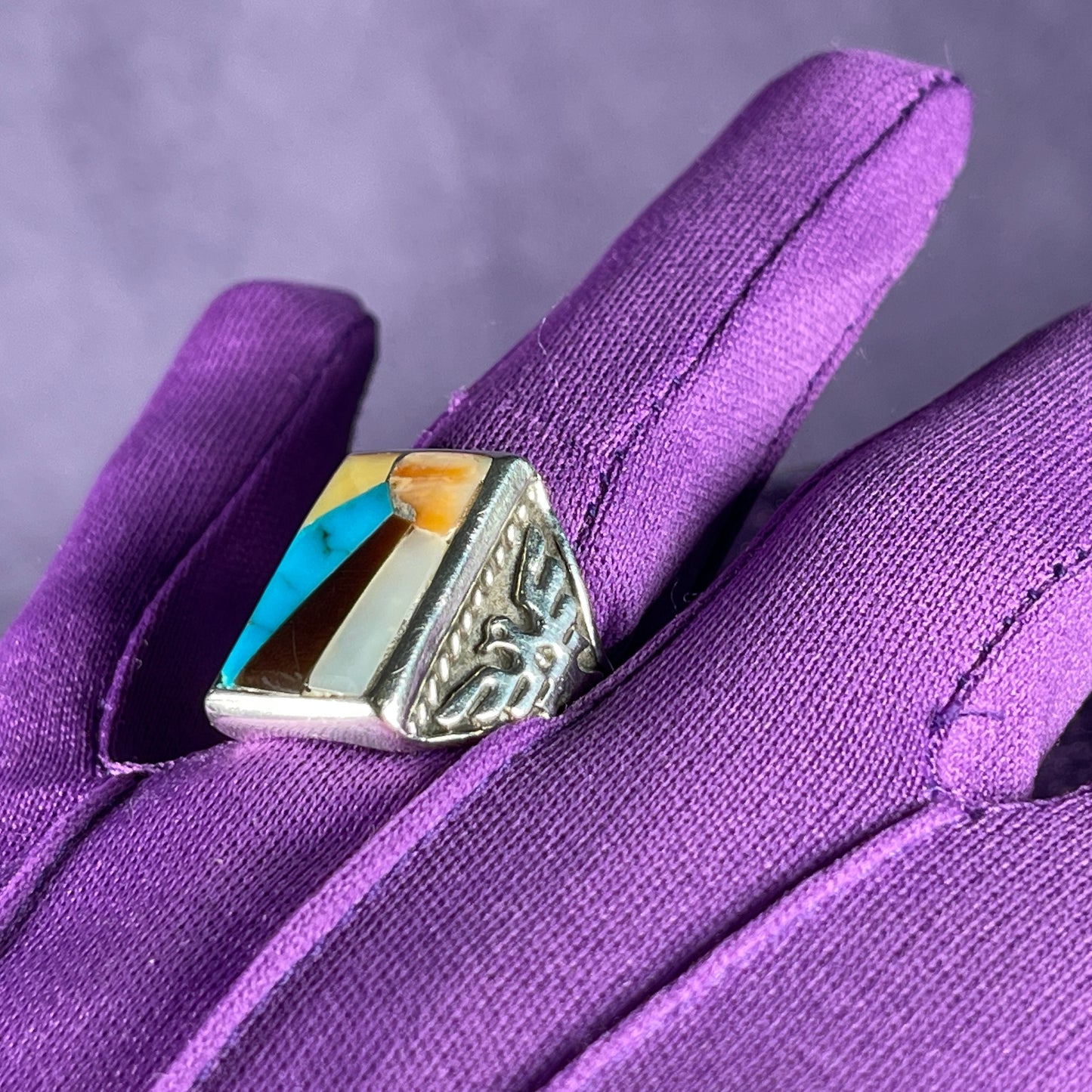 Vintage Fred Harvey Era Rising Sun Zuni Thunderbird & Kachina Navajo 925 Silver Size U / 10