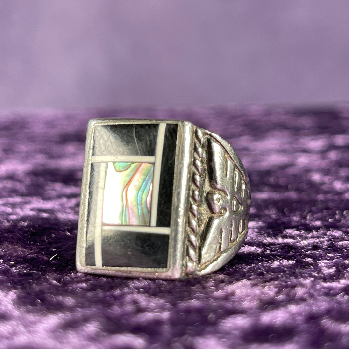 Vintage Fred Harvey Era Jet Mother of Pearl Shell Thunderbird & Kachina Navajo 925 Silver Size U / 10